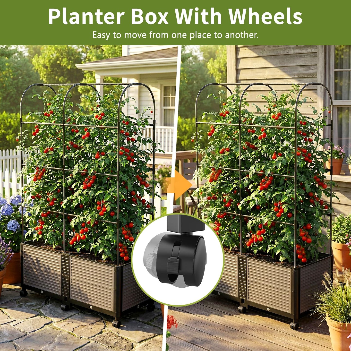 UrGROWA Raised Garden Bed Planter Box with Trellis, 73''H Tomato Planters for Climbing Plants Vegetable Vine Flowers Outdoor Patio Tomato Cage, Self Watering Planter with Wheels
