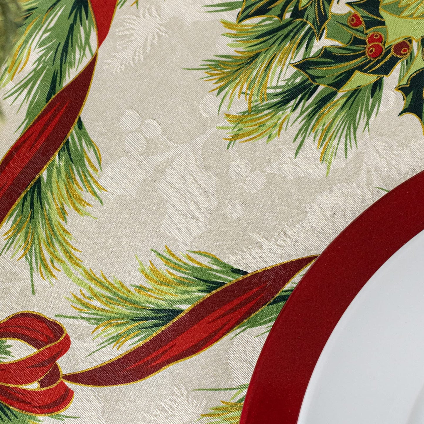 Benson Mills Christmas Ribbons Engineered Printed Fabric Table Cloth, Winter, Holiday and Christmas Tablecloth (60" X 120" Rectangular, Xmas Ribbons)