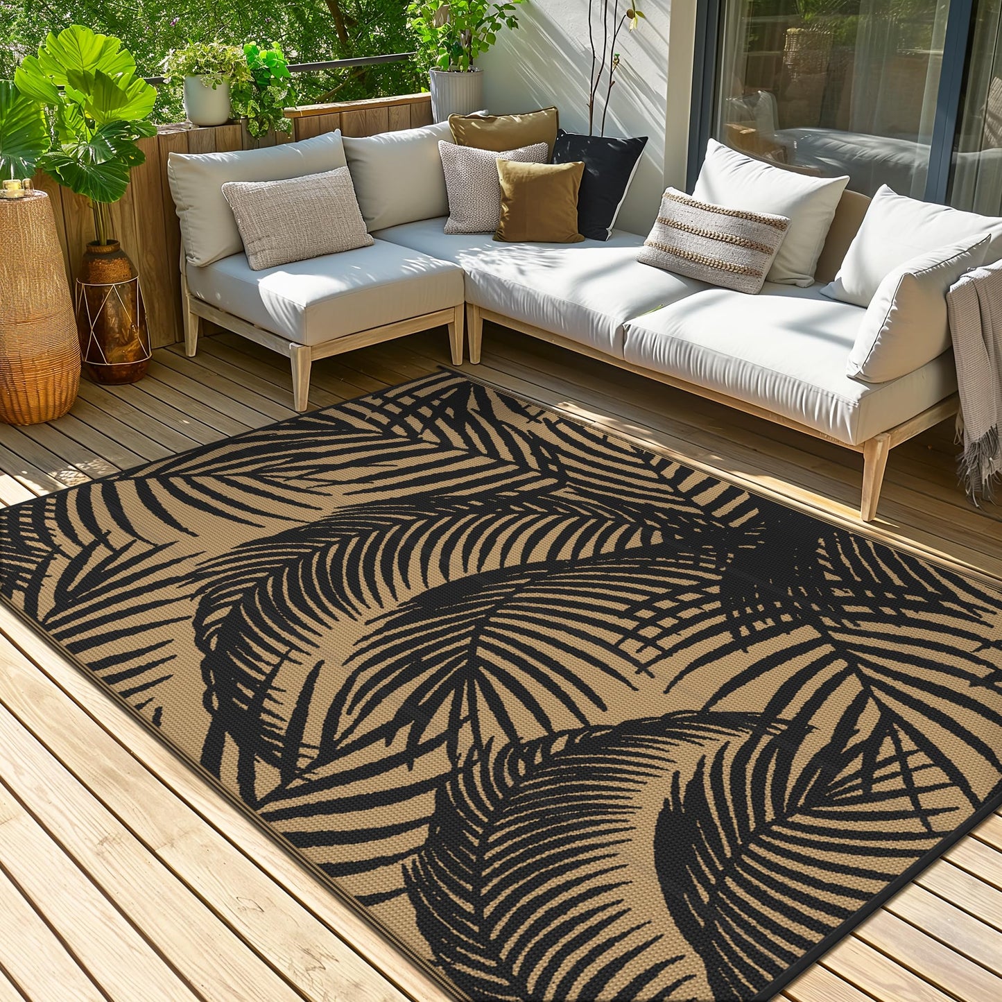 GENIMO Outdoor Rug 9' x 12' Waterproof for Patio Clearance, Reversible Plastic Straw Camping Carpet, Lightweight Mats for Rv, Backyard, Deck, Porch, Picnic, Beach, Balcony, Black & Brown
