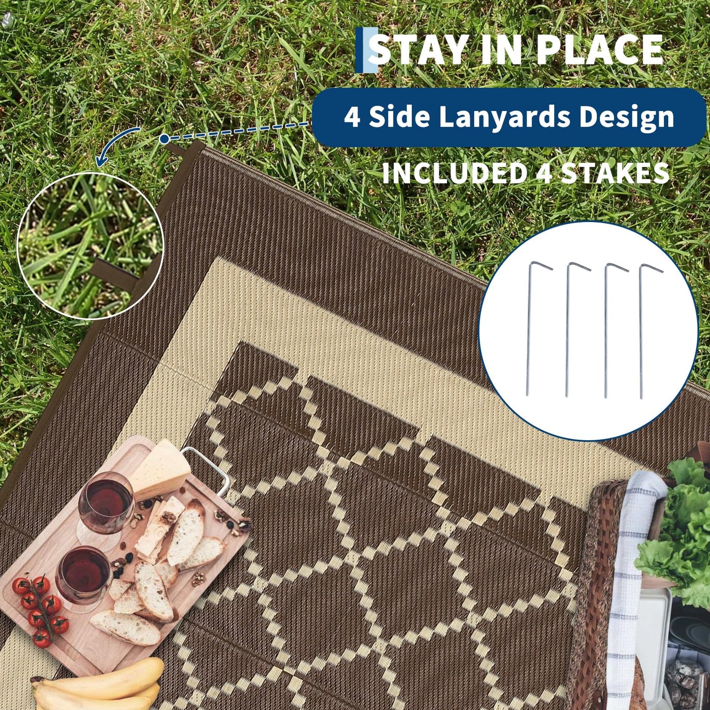 IDEALHOUSE Outdoor Rug, 320GSM PP Plastic Straw Mat, Modern Cross Grid Pattern, Waterproof Breathable Floor Mat, Lightweight Foldable Carpet for Patio Camping RV Backyard, Russet Brown, 9x18ft