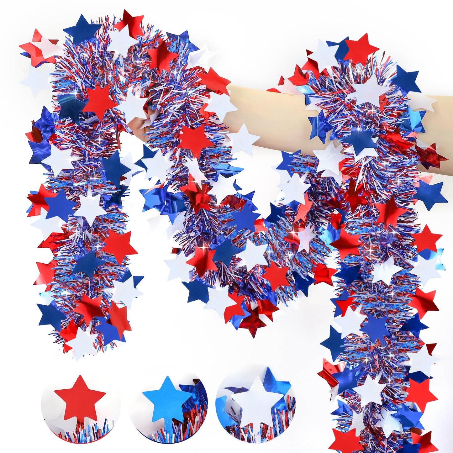 50FT Patriotic Tinsel Garland 4th of July Decorations, Fourth of July Red White and Blue Metallic Garland with Stars for July 4th Independence Day Memorial Day Home Indoor Outdoor Decor