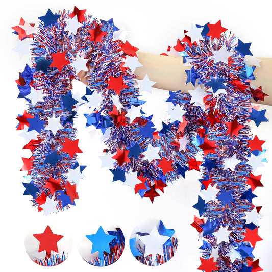 50FT Patriotic Tinsel Garland 4th of July Decorations, Fourth of July Red White and Blue Metallic Garland with Stars for July 4th Independence Day Memorial Day Home Indoor Outdoor Decor