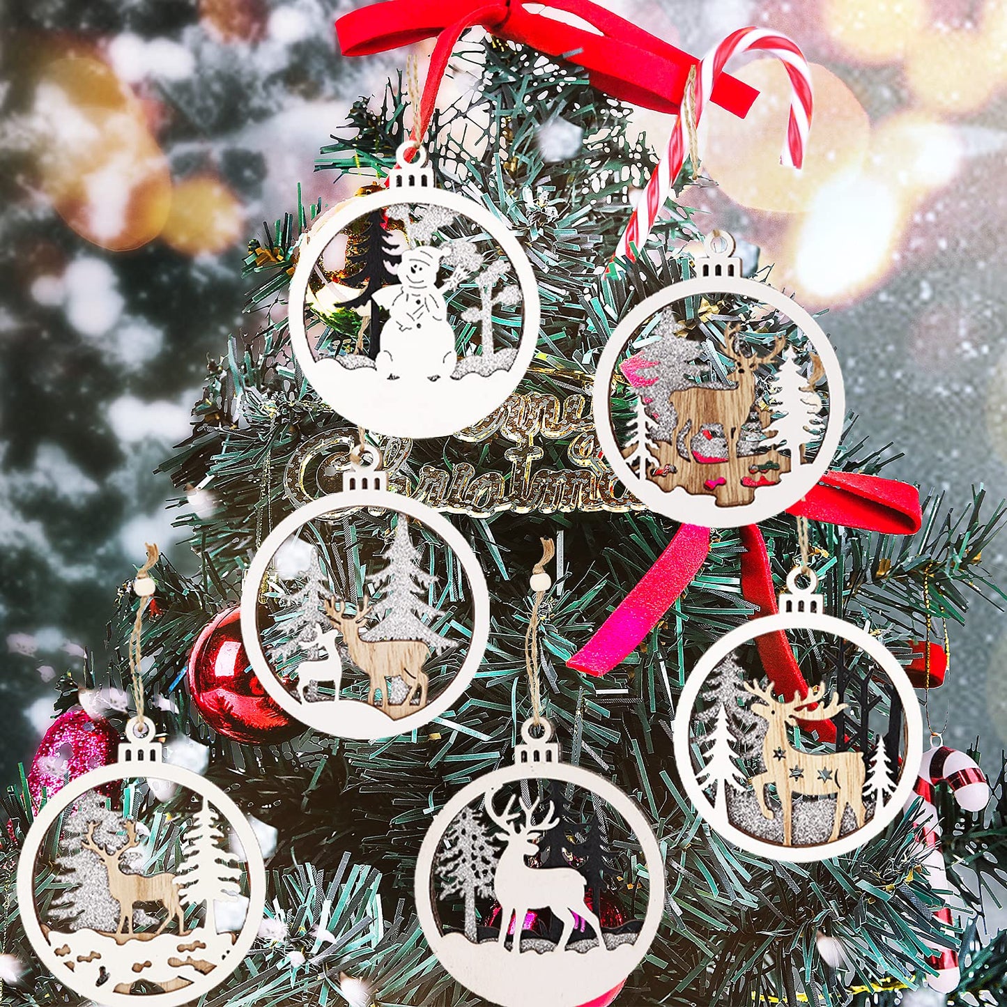 Winter Wonderland Ornaments for Christmas Tree - 6 Pack Christmas Wooden Ornaments for Winter Xmas Holiday Tree Decorations