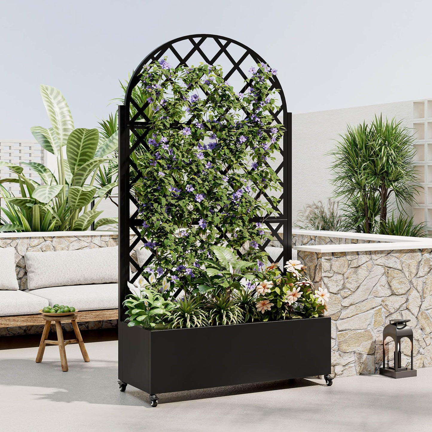 Metal Planter Box with Trellis, 73-Inch Tall Raised Garden Bed with Wheels, Privacy Screen Planter for Climbing Plants, Vegetables & Vines, Galvanized Steel Outdoor Privacy Shield, Black (Round)