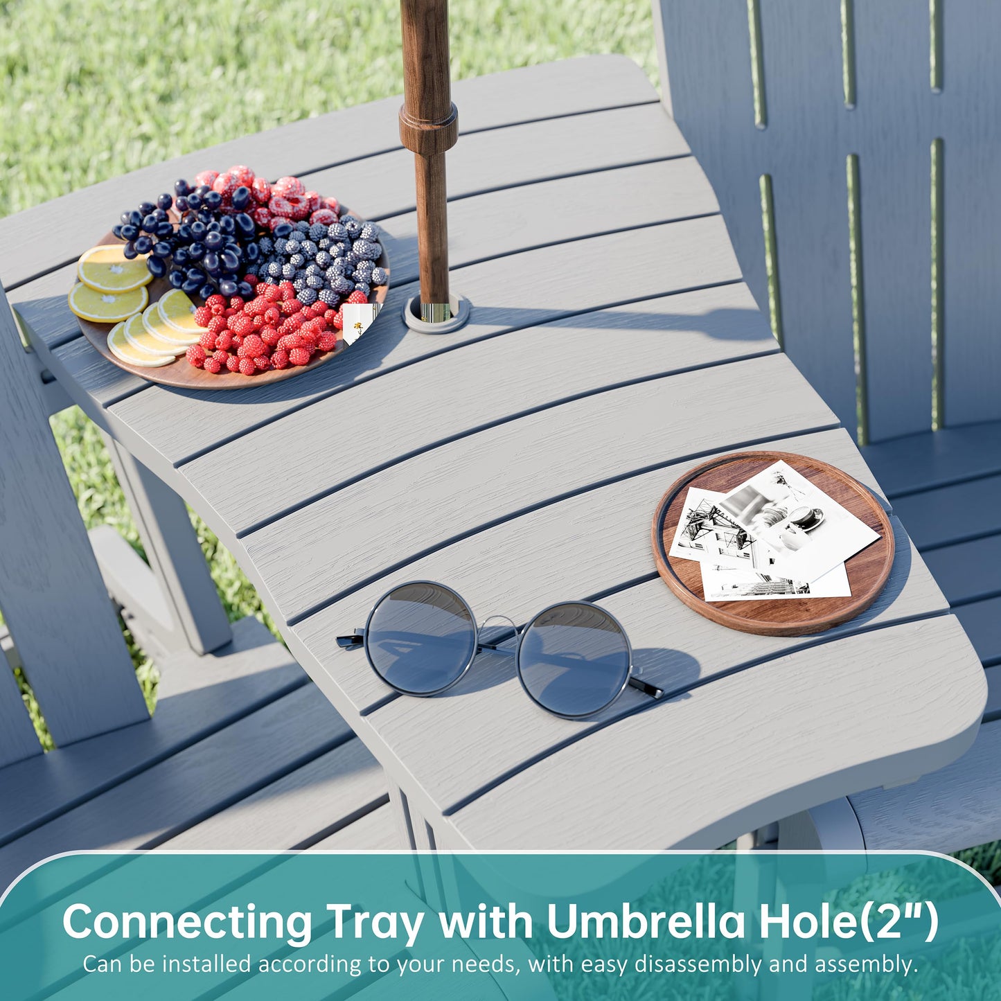 Shintenchi Adirondack Chairs Set of 2,HDPE Adirondack Chairs w/Removable Tablelop & Umbrella Hole,All-Weather Wooden Textured Plastic Outdoor Chairs w/Cup Holders for Garden Backyard Pool,Light Gray