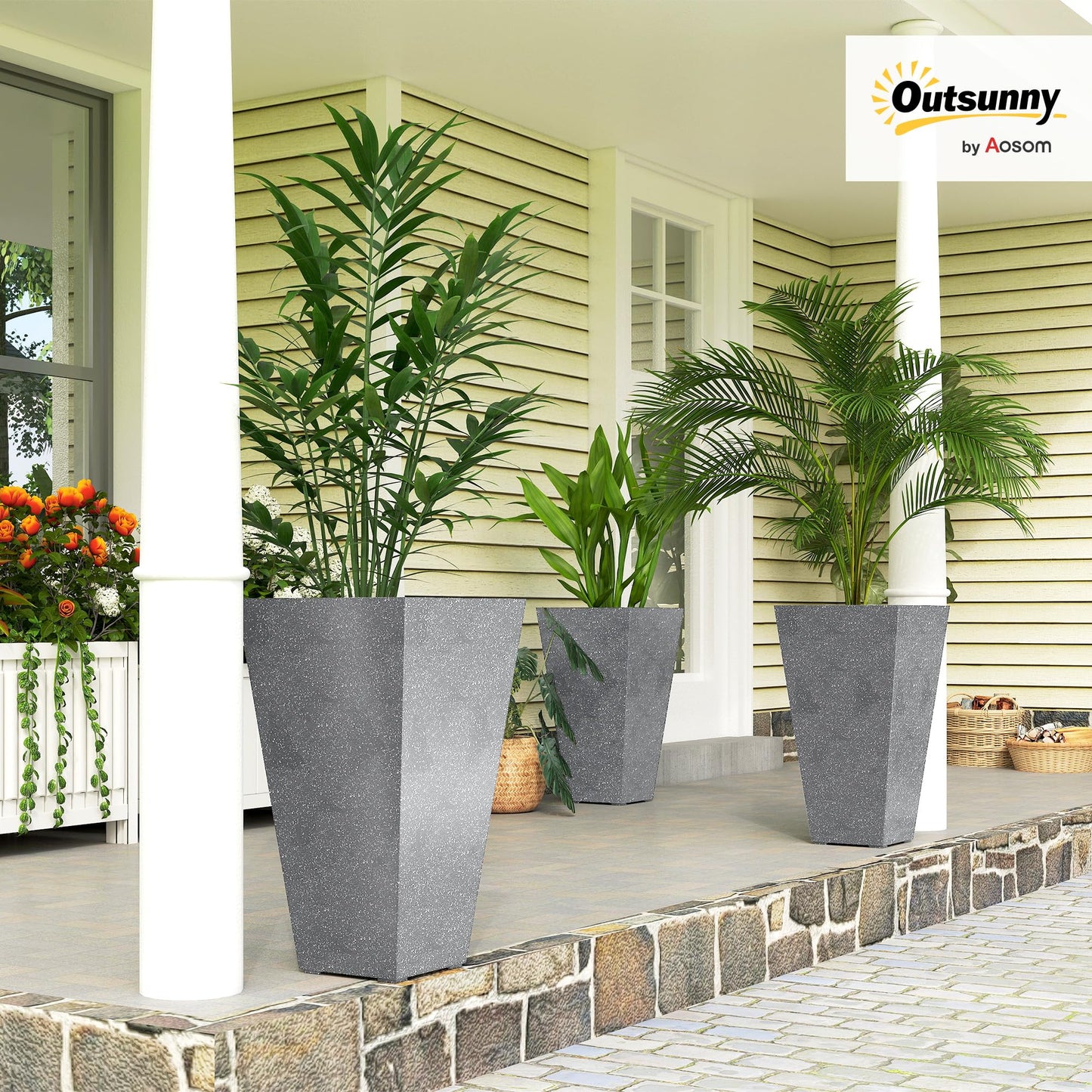 Outsunny 28 Inch Tall Planters for Outdoor Plants, Set of 3 Plastic Flower Pots with Marble Finish and Drainage Holes, Stackable Tapered Large Planters for Indoor Plants, Front Porch Decor, Gray
