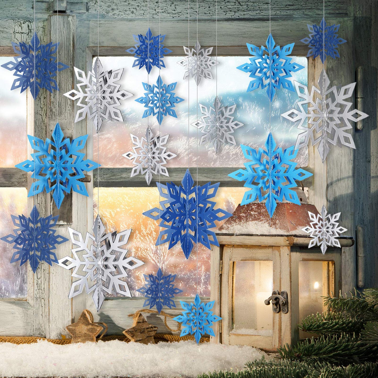 3D Hollow Christmas Winter Hanging Snowflakes Ornaments Decorations Glittery Large Snowflake Pendant Garlands for Winter Wonderland Party Home Decoration (Silver, Light Blue, Dark Blue,18 Pieces)