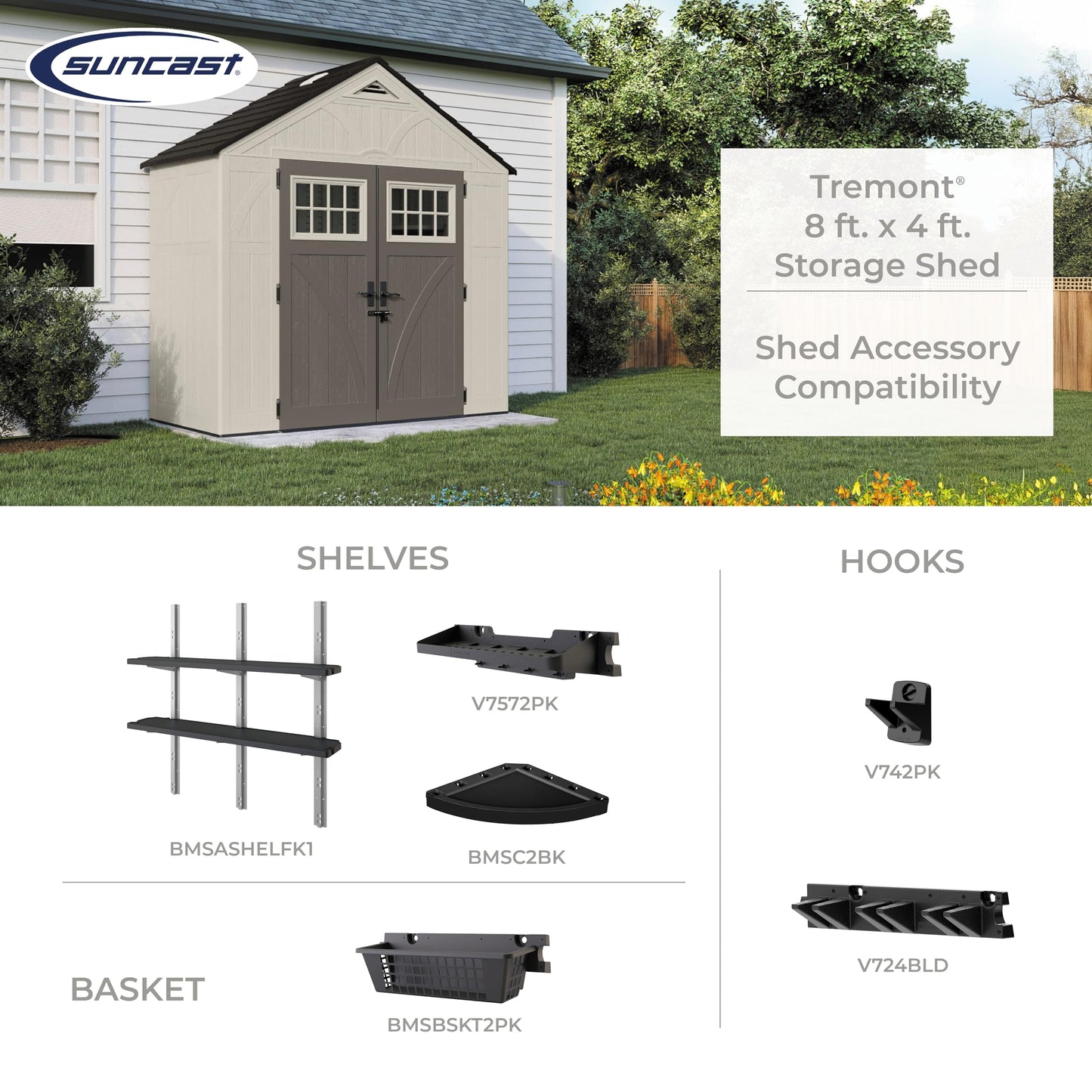 Suncast 4' x 8' Heavy-Duty Resin Tremont Storage Shed with Reinforced Floor, Skylights for Natural Light, Lockable Double Doors, Sand Finish
