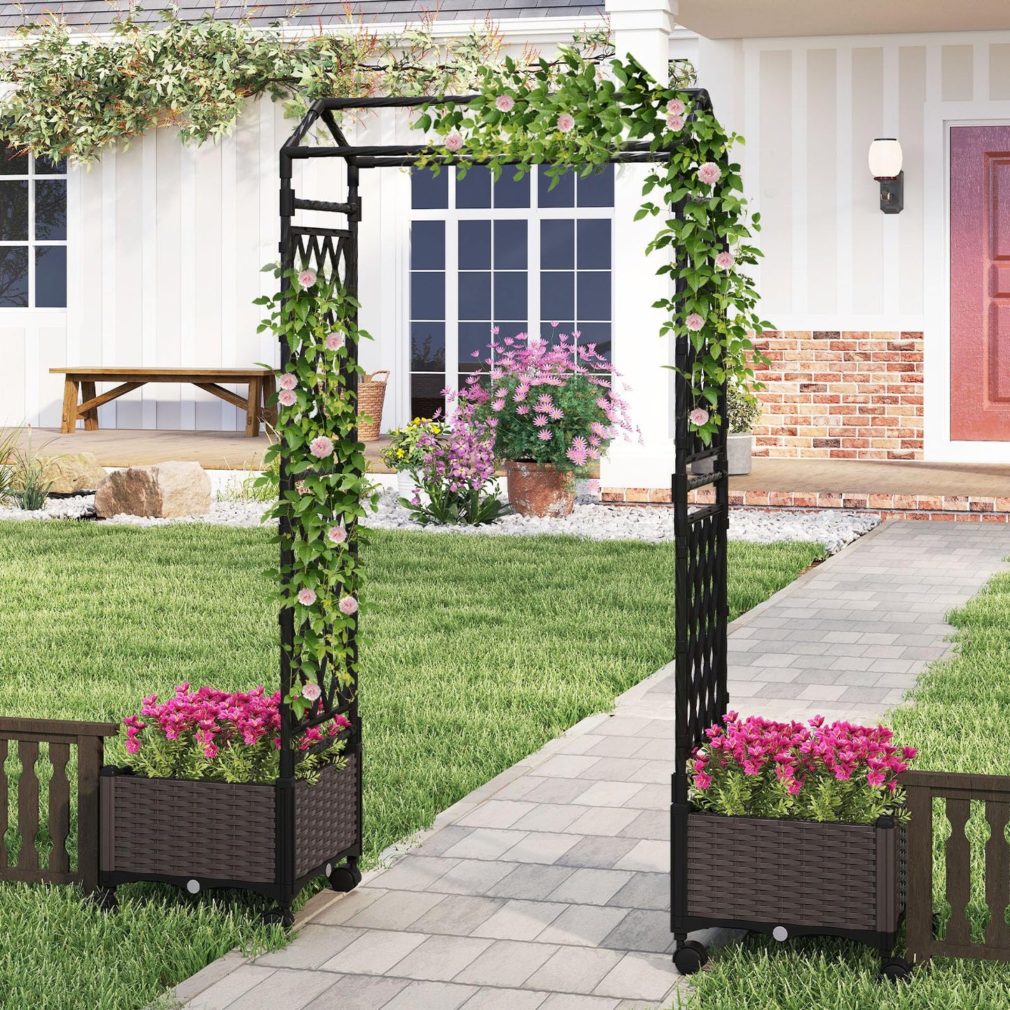 Byroce Self-Watering Tomato Planter Box with Trellis, 64” Tall Raised Garden Bed with Lockable Wheels, Arch Roof & Drainage Holes, Vertical Garden for Patio Balcony Outdoor Vegetables (Roof Type A)