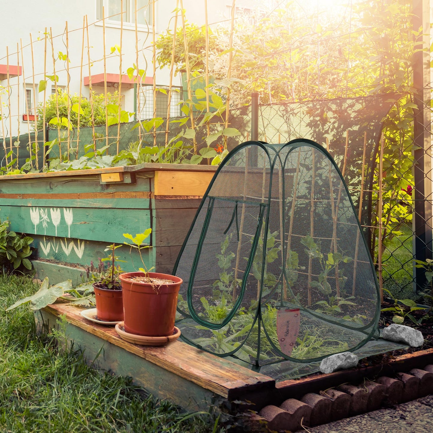 Homiton 2 Packs Pop up Garden Netting Cover Plant Guard Cover with 16 Stakes Bird Plant Tent Protector for Vegetables Fruits Flowers (2, 28 * 28 * 32 inch)