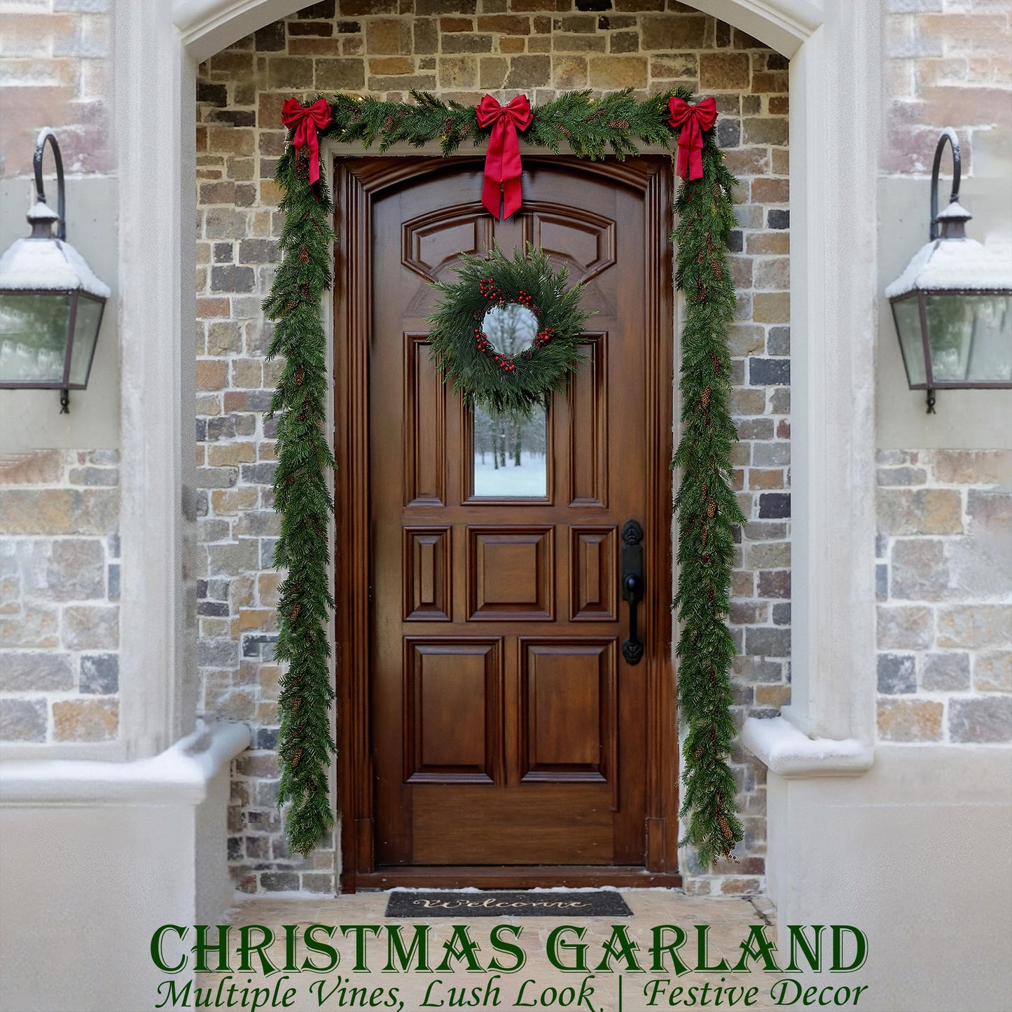 QXXQ 9 Feet Christmas Garland - Christmas Decorations - Carolina Pine Garland for Table, Fireplace, Mantle, Wall, Indoor Outdoor - Green Garland for Christmas Decorations - Free LED String Lights