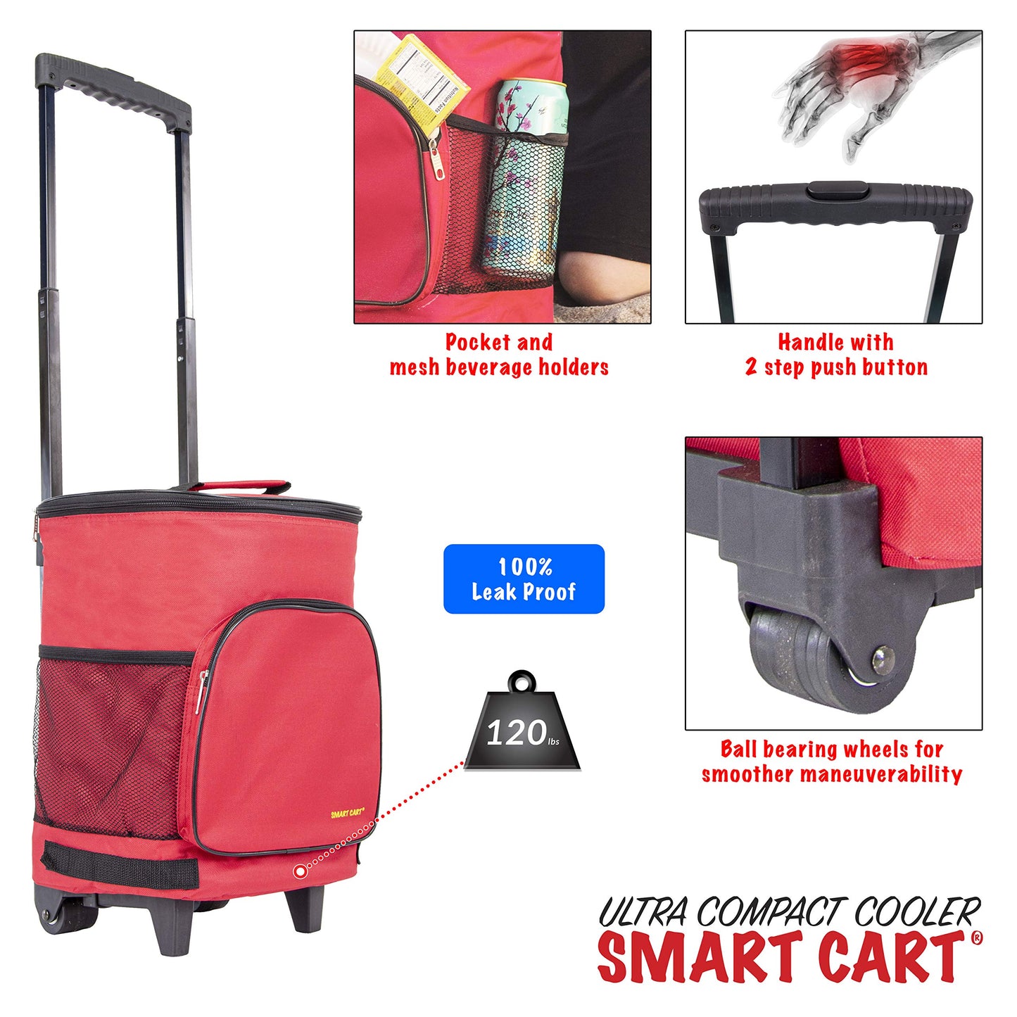 dbest products Ultra Compact Cooler Smart Cart, Red Insulated Collapsible Rolling Tailgate BBQ Beach Summer