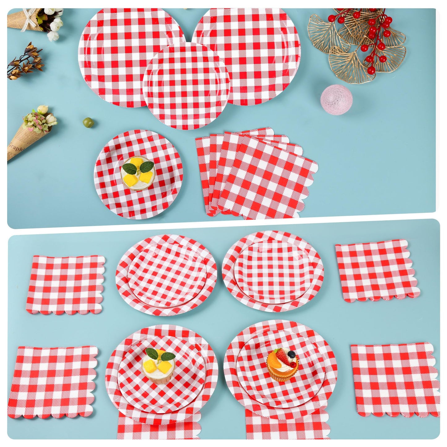 200Pcs Christmas Red Gingham Party Supplies Red Gingham Paper Plates and Napkins Cups Plaid Party Plates Disposable Reds and White Checkered Plates for Christmas Birthday Family Picnic，Serves 50