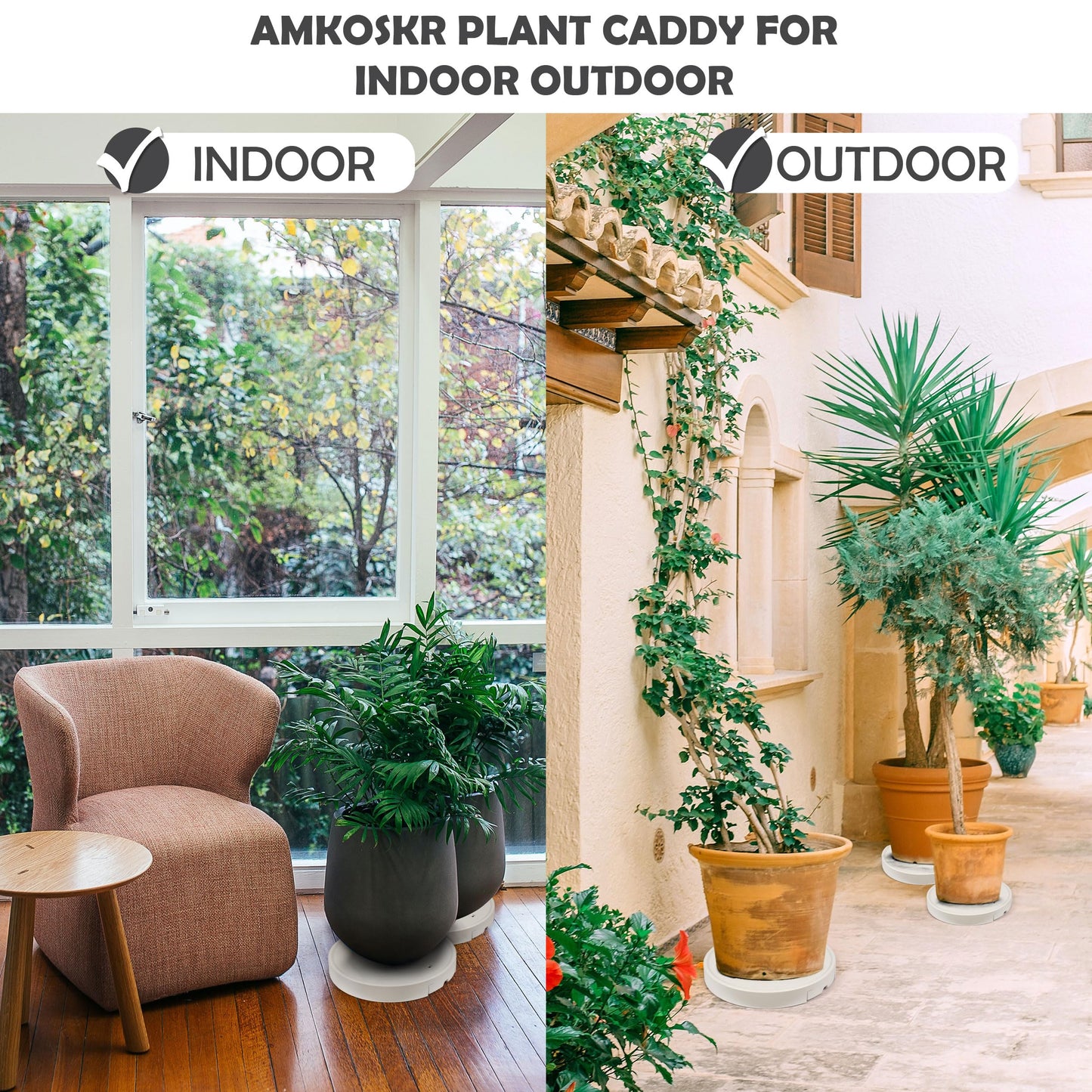 AMKOSKR 15.7 inch Plant Caddy with Wheels Heavy Duty, Movable Round Rolling Plant Stand Plant Dolly with Invisible Wheels and Water Drawer
