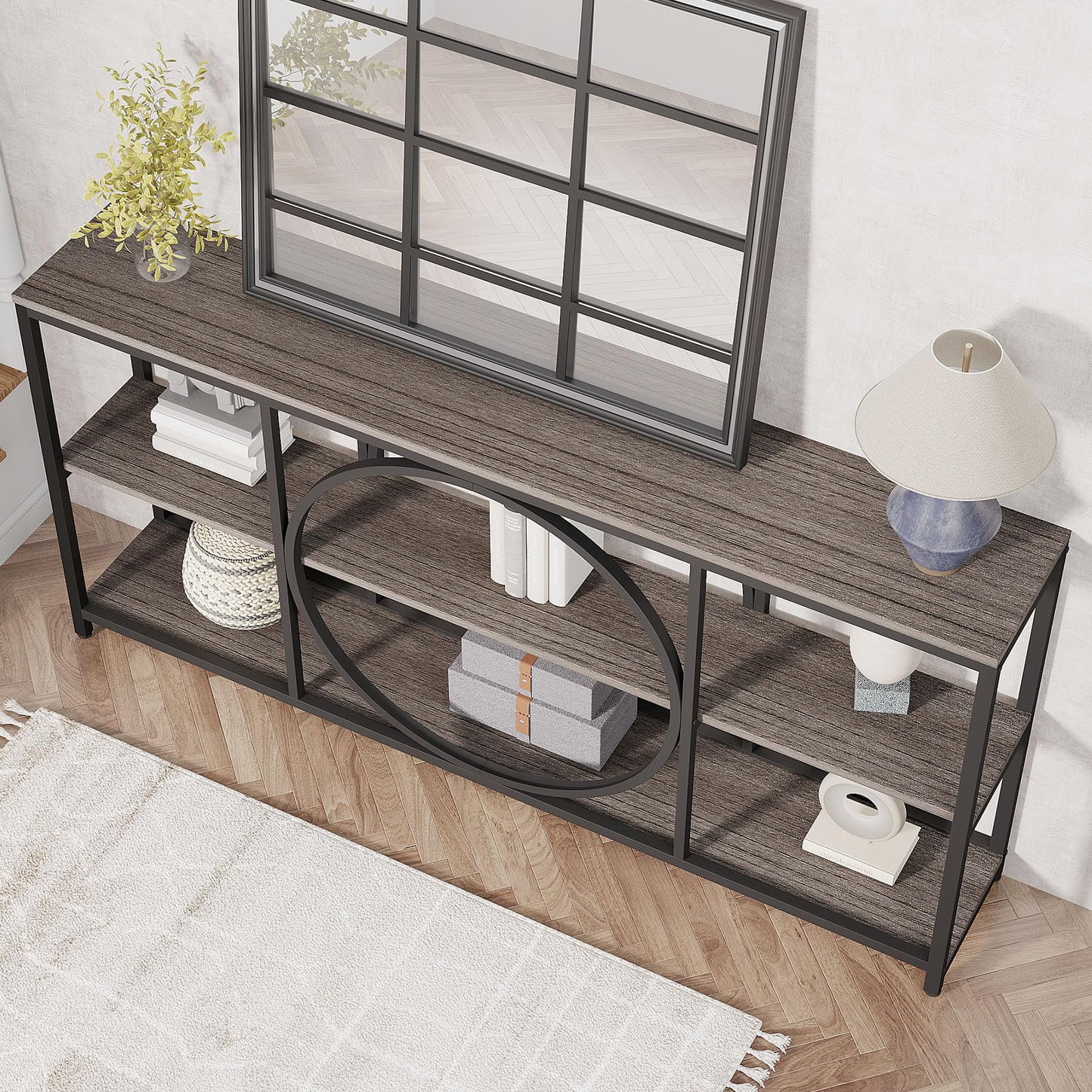 Tribesigns 70.9 inch Sofa Console Table, Extra Long Narrow Entryway Tables with 3 Tier Wood Storage Shelves Metal Frame for Foyer Hallway Living Room Behind Couch, Black Rustic Gray