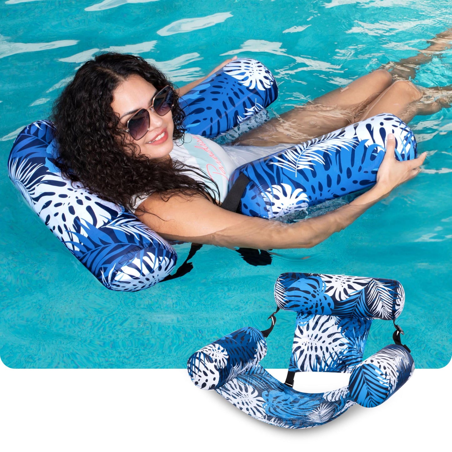 SLOOSH Pool Floats Chairs Adult,Inflatable Pool Lounge,Plant Pattern Floating Mat Hammock,Blow up Water Chairs Noodles rafts for Party Summer Water Beach Fun,Blue Leaves