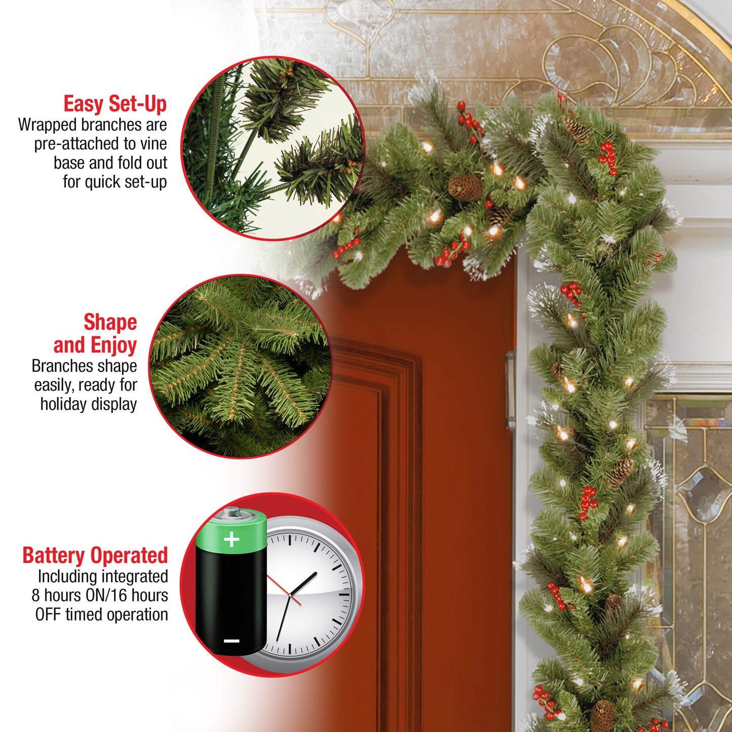 National Tree Company 9 ft Pre-Lit Crestwood Spruce Artificial Christmas Garland, Christmas Decoration with Glitter, Pinecones, Red Berries, 50 Warm White LED Lights, 180 Tips, Timer, Green