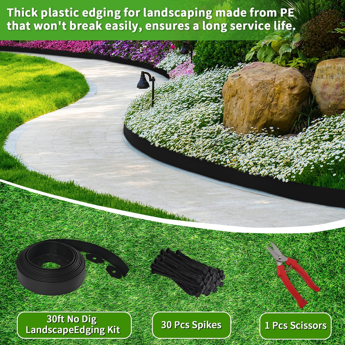 Landscape Edging Border Kit, No Dig Garden Edging Border 30ft 2in Tall with Scissors and 30 Spikes for Landscaping Border Edging Flower Bed Edging Borders