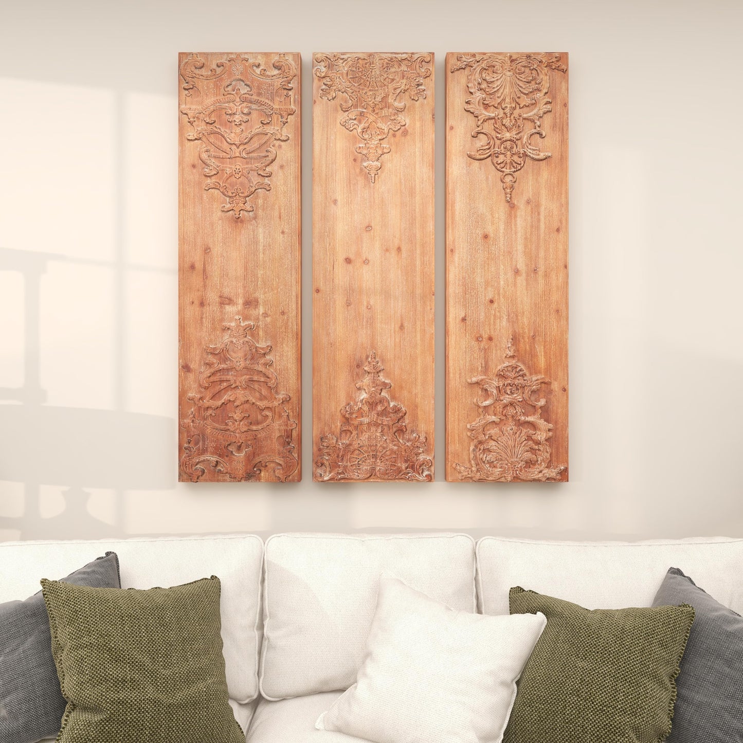 Deco 79 Wood Floral Home Wall Decor Carved Antefix Wall Sculpture, Set of 3 Wall Art 16"W, 55"H, Brown