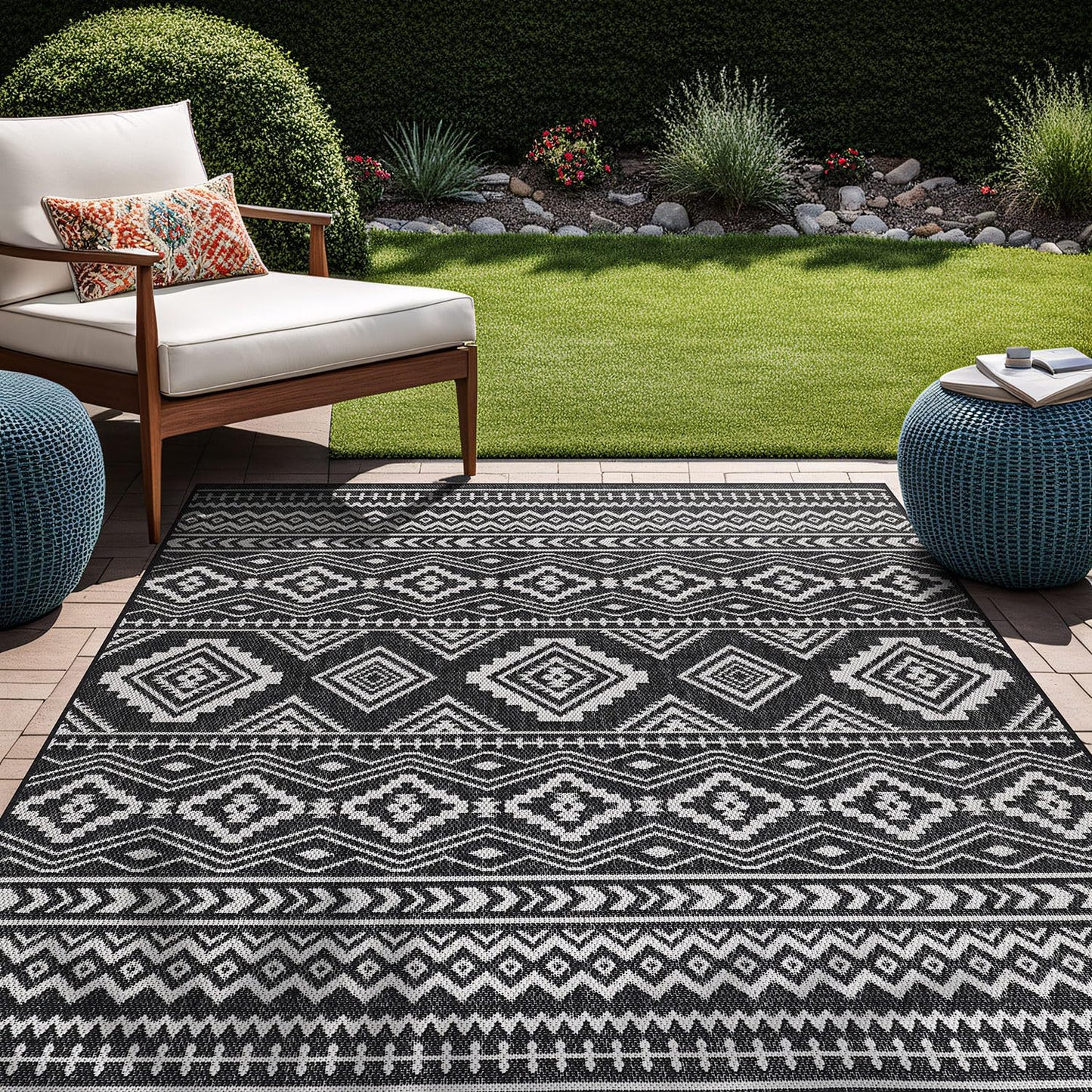 Beverly Rug Waikiki Boho Indoor Outdoor Rug 5x7, Washable Outside Carpet for Patio, Deck, Porch, Bohemian Area Rug, Farmhouse Rugs, Aztec Tribal Rug, Black and White