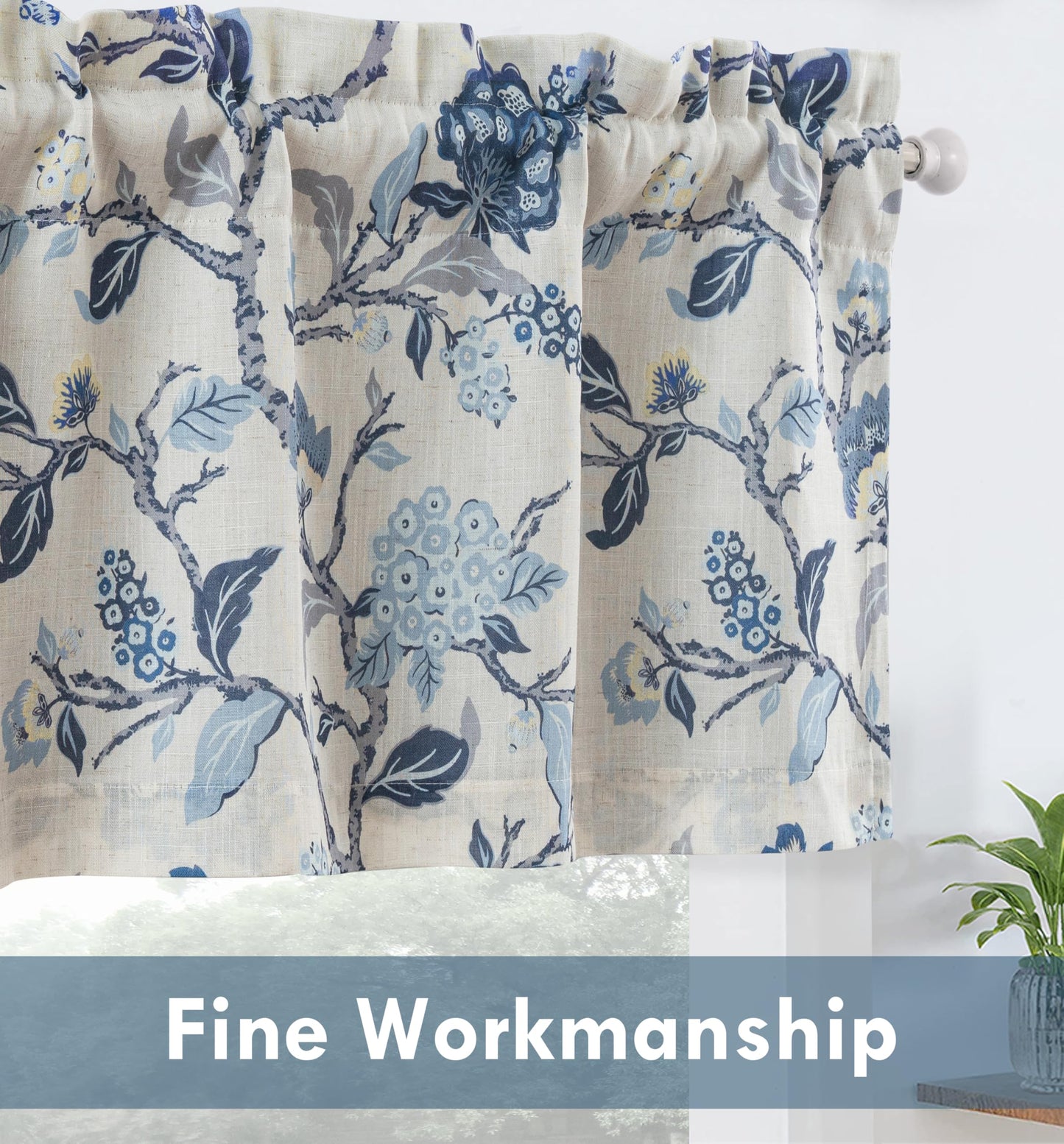 DriftAway Ada Botanical Print Lined Flower Leaf Thermal Insulated Linen Blend Window Valance Rod Pocket 52 Inch by 14 Inch Plus 1.75 Inch Header Navy 1 Pack