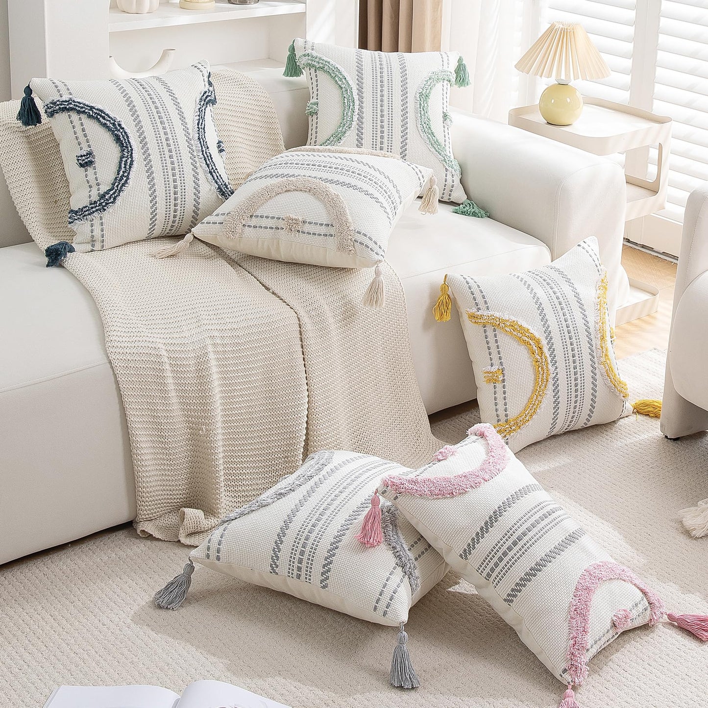 Boho Throw Pillow Covers 18x18 Set of 2 Cotton Woven Tufted Farmhouse Pillows Covers with Tassels Outdoor Neutral Navy Decorative Pillowcases Square Textured Accent Cushion Cases for Couch Bed Sofa