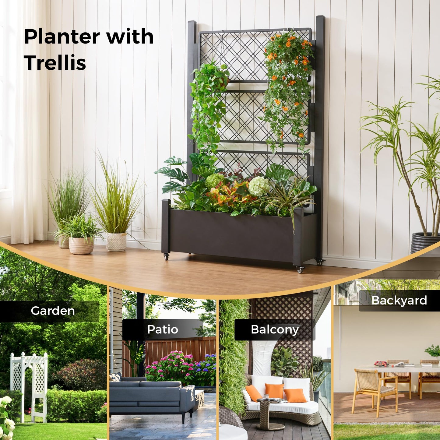 Foresland Tall Metal Planter Box with Trellis and Wheels, 72Hx46Wx16D Large Outdoor Garden Planter, 10min's Quick Setup for Climbing Plants Vines with Drainage Holes and Privacy Screen, Black