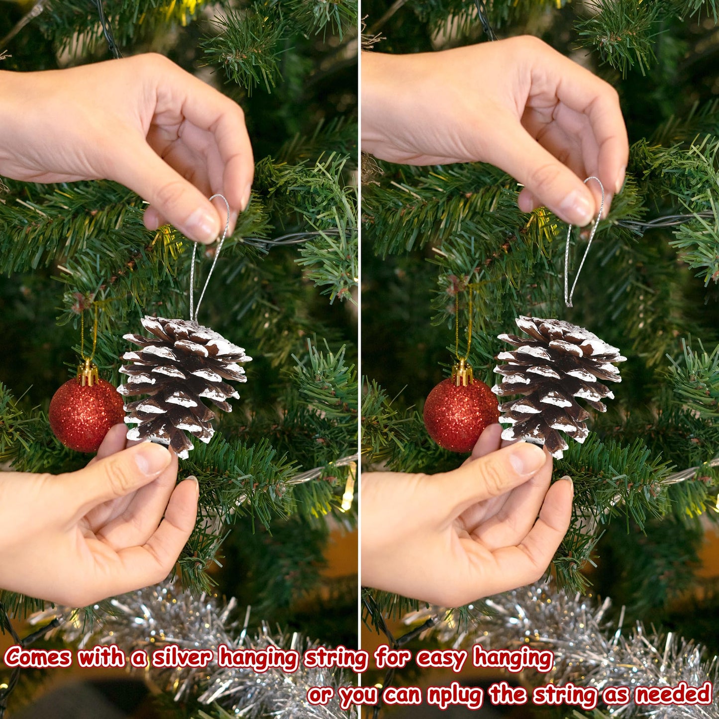 24 PCS Natural Pine Cones, 1.96 in Pinecone Ornaments, Pine Cones for Crafts with Sliver String, Decorative DIY Craft for Christmas Tree Christmas Table Decorations, Winter Decor Vase Filler