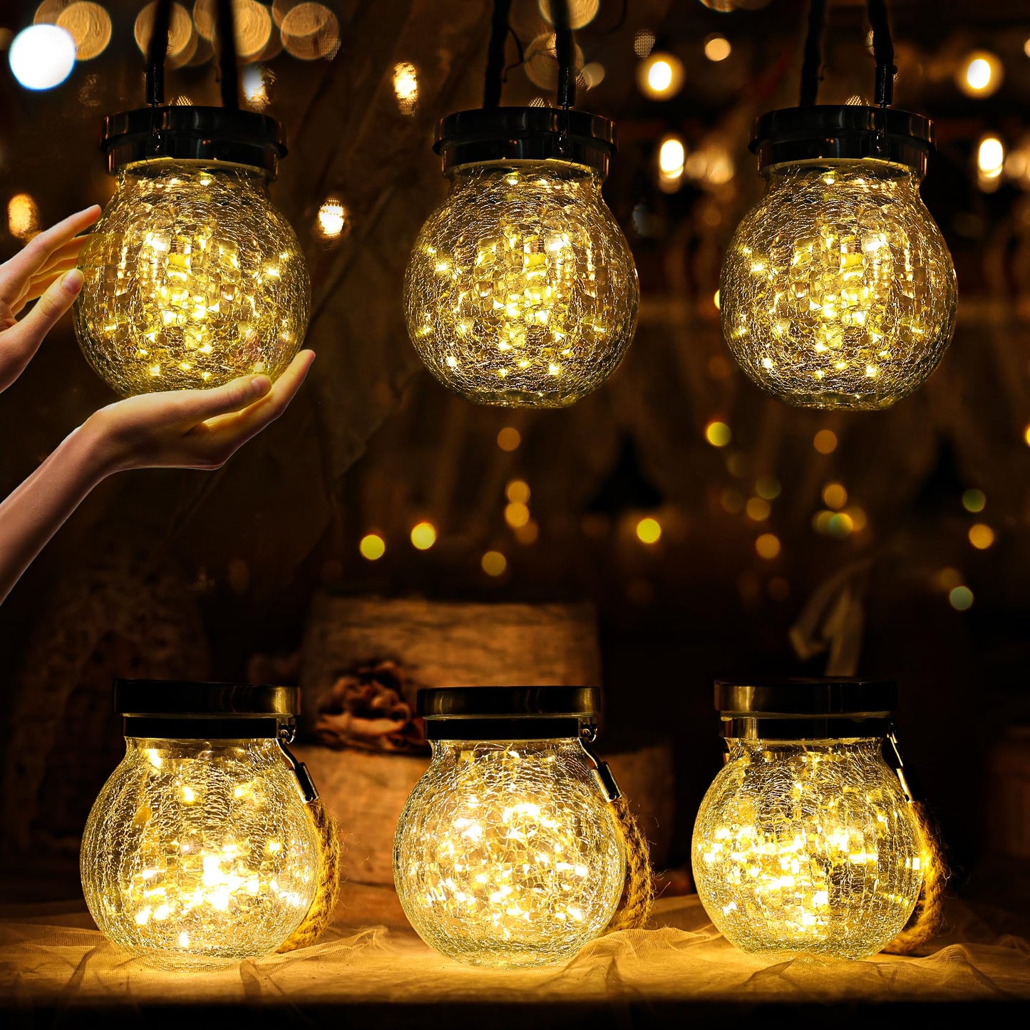 Cooo 6 Pack Gifts for Him Her Solar Lanterns Outdoor Waterproof Heavy Crackle Glass 30 LED Warm Firefly Lights Solar for Women Mom Grandma Outdoor Table Lamps Garden Yard Decor