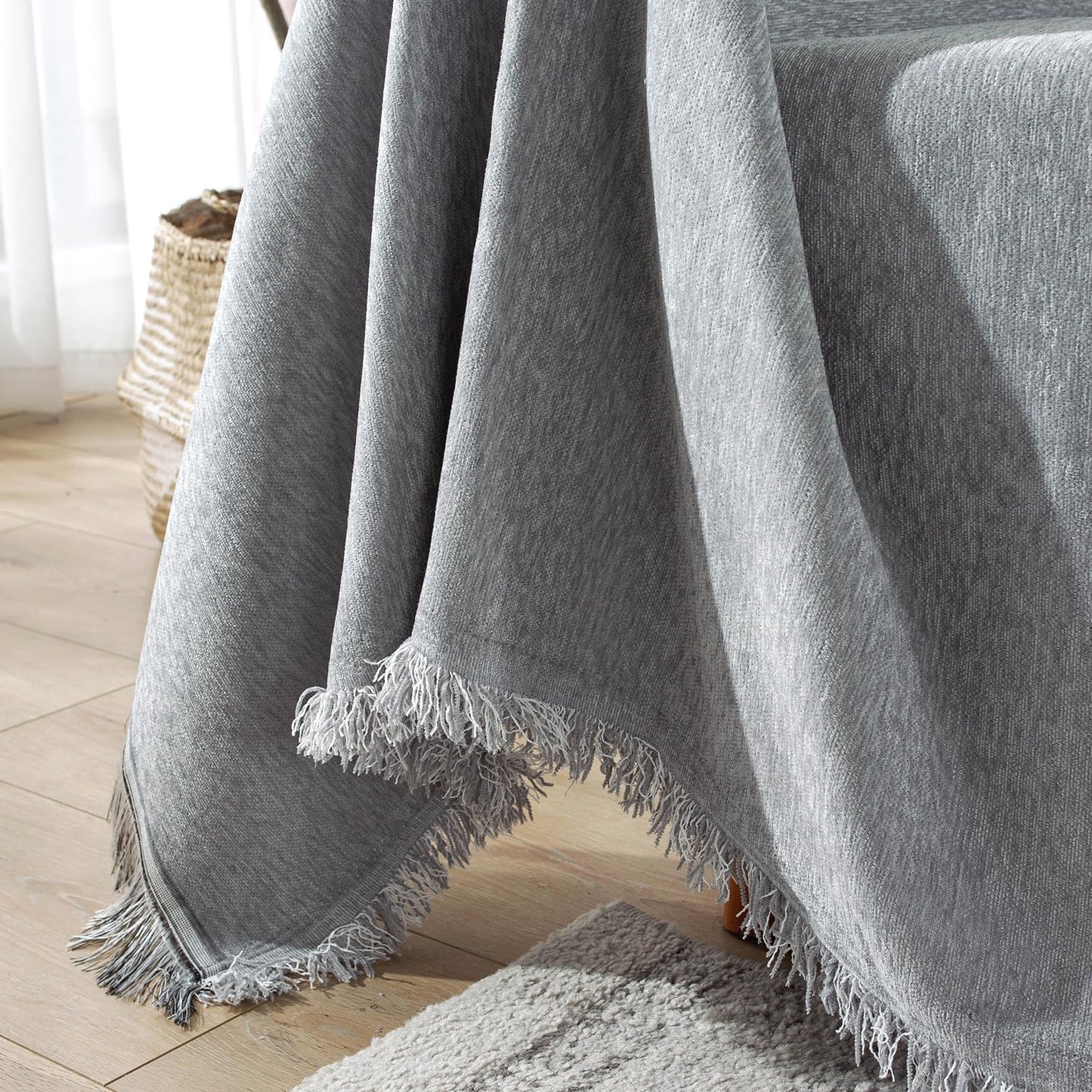 Foreate Sofa Cover Throw Couch Cover with Tassels Chenille Sectional Sofa Cover Blanket - Furniture Protector Couch Slip Cover Machine Washable for Pets Kids Dogs, 71’’ x 134’’, Light Grey-Tassel