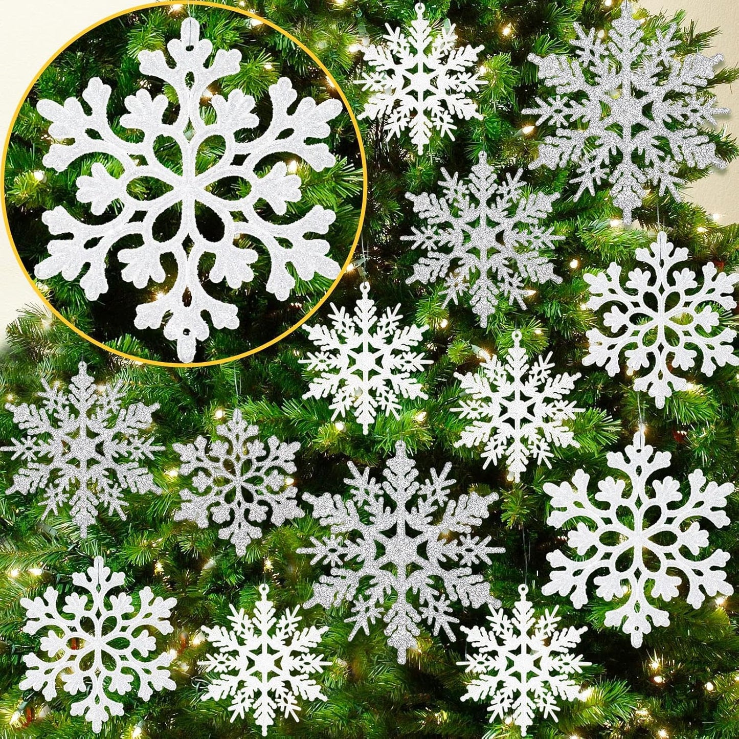 18Pcs White and Silver Christmas Snowflake Hanging Ornaments, Plastic Glitter Hanging Snow Flakes for Christmas Tree Winter Wonderland Frozen Birthday Party Holiday Home Decor Craft Snowflakes