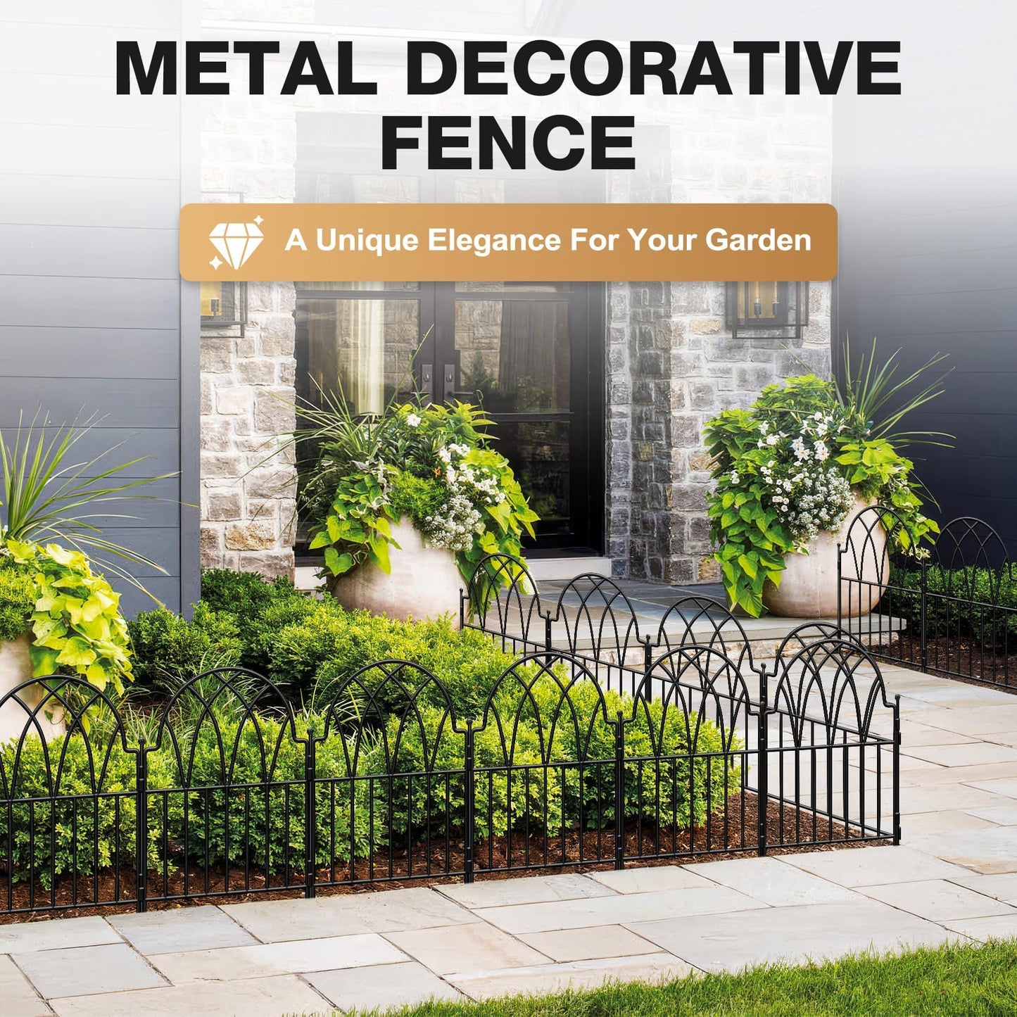 LATIHUUM Garden Fence - 24 in(H) x 10.56ft(L) Arched Metal Fence Panel No Dig Fence, Ground Stake Animal Barrier Fence for Dog, Flower Bed Edging Wire Border Panel Fencing for Yard Patio Outdoor Decor