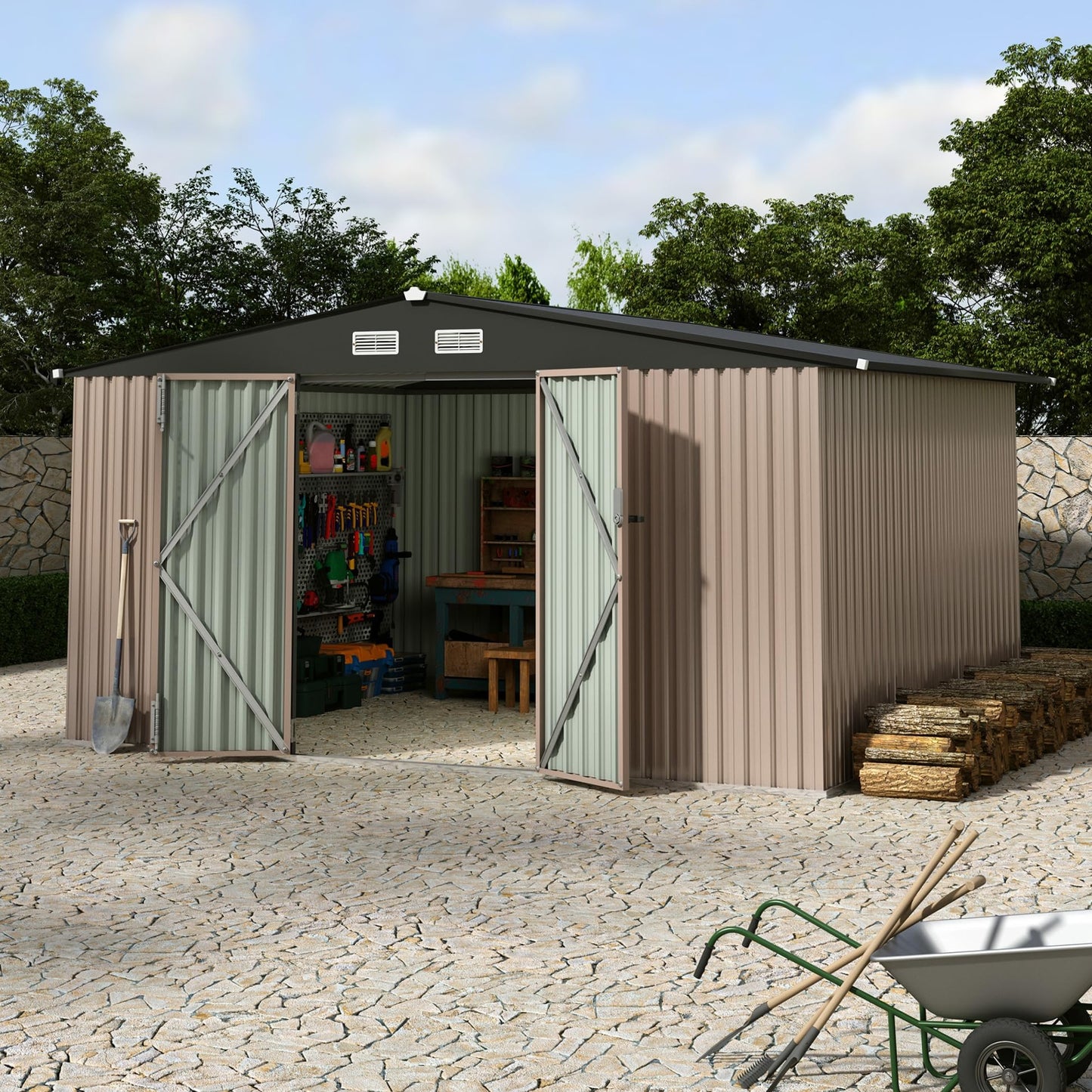 12X10 ft Outdoor Metal Storage Building, Storage Shed with Secure Lockable Door & Air Ventilation System, Premium Metal Tool Shed for Garden, Backyard, Patio, Ideal for Lawn Equipment & Tools