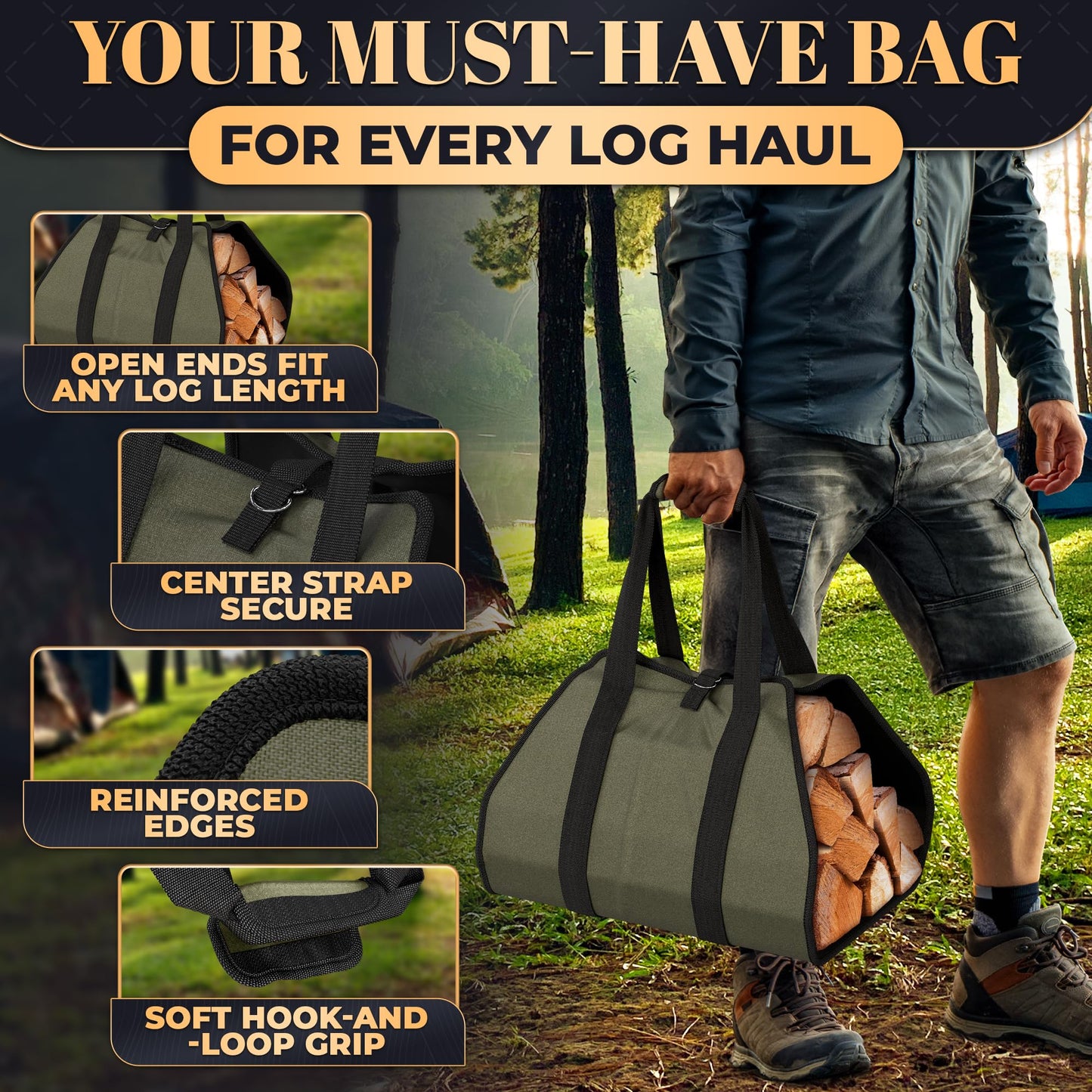 Firewood Carrier Bag 39.4"×18.5" – Waxed Canvas Wood Carrier for Firewood with Reinforced Handles, Hook-and-Loop Grip & Center Strap, Water-Resistant Design with Dust-Blocking Liner | Good for Gifting