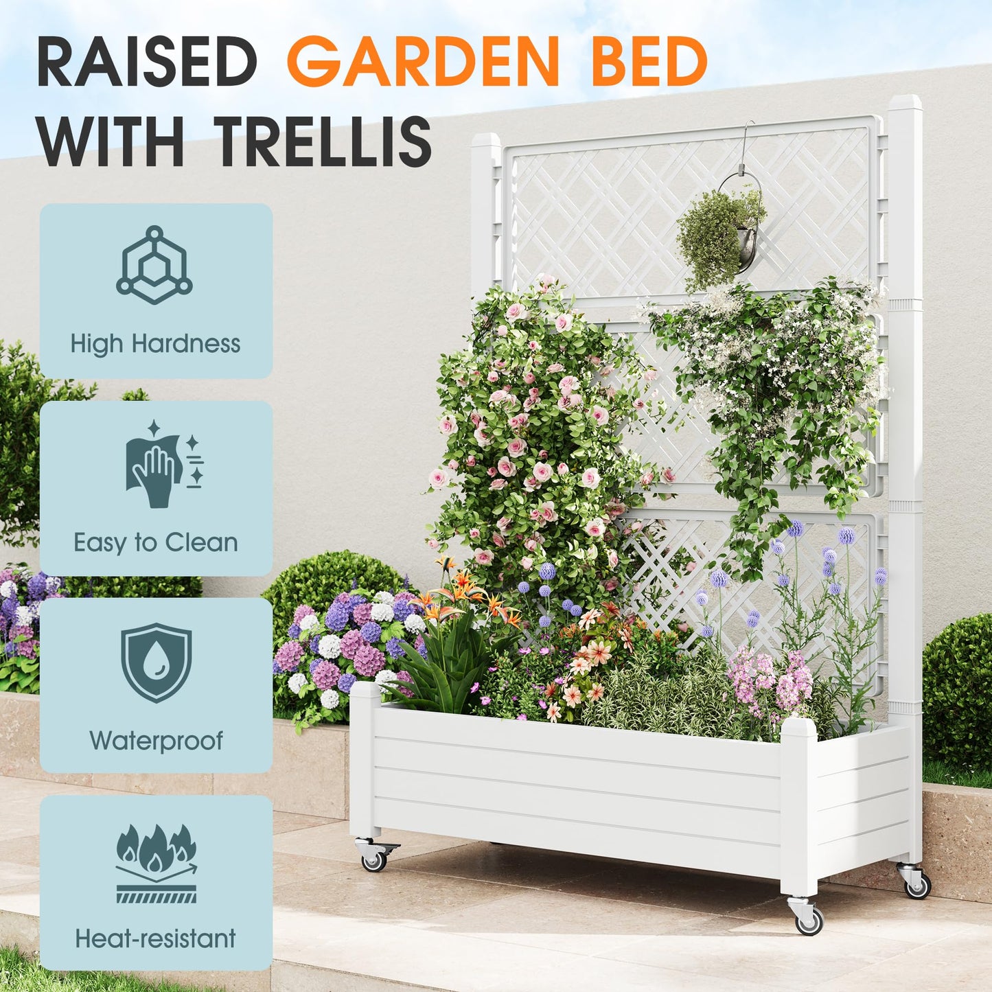 WTFGO Resin Raised Garden Bed with Trellis and Wheels, Planter Box with Trellis Outdoor, Raised Planter with Trellis with Drainage Holes & Water Monitor for Climbing Plants, Ashen(61.2" H)