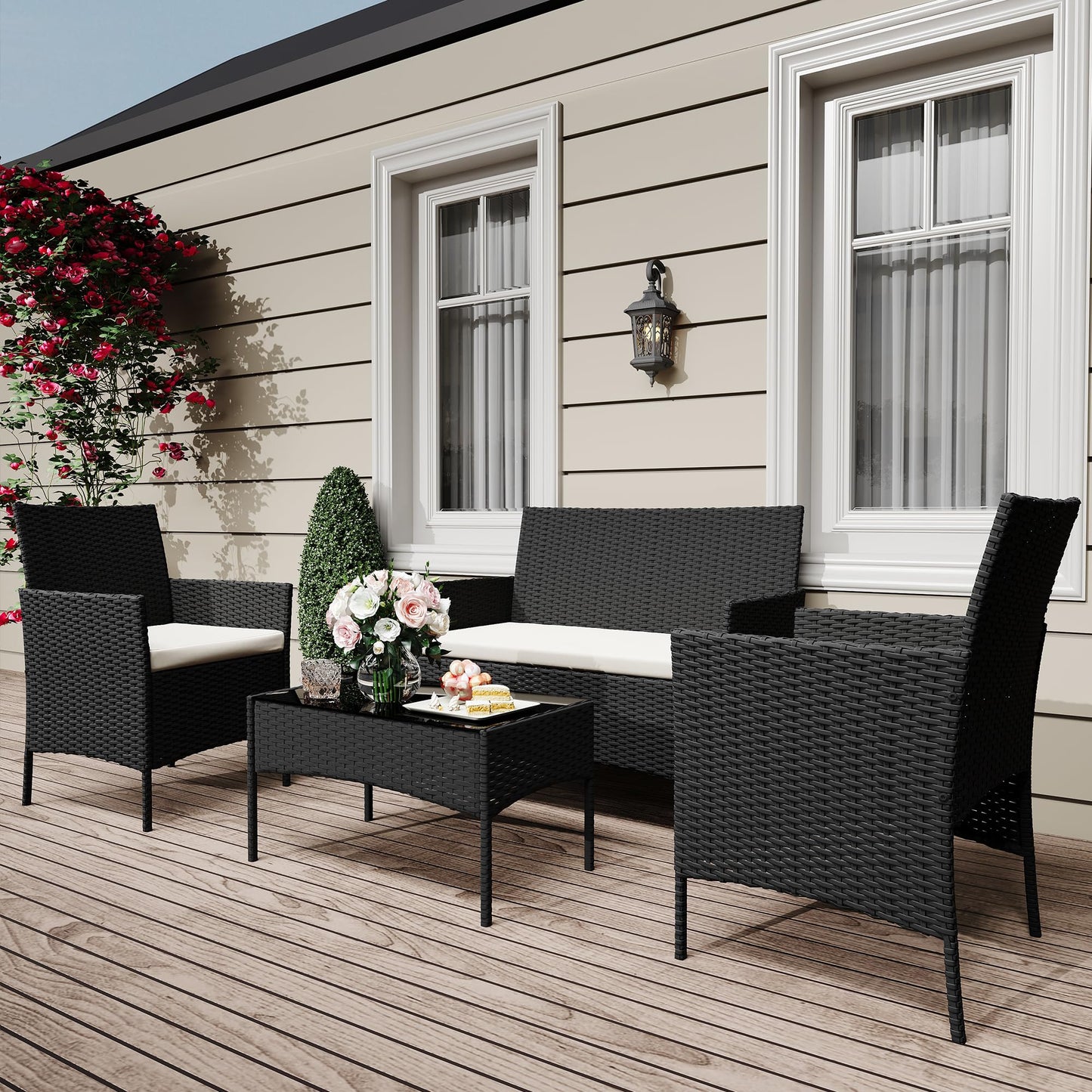 GAOMON 4 Piece Patio Furniture Set, Modern Patio Conversation Set with Glass Coffee Table, PE Wicker & Cushions for Poolside, Deck, Balcony, Black & Beige