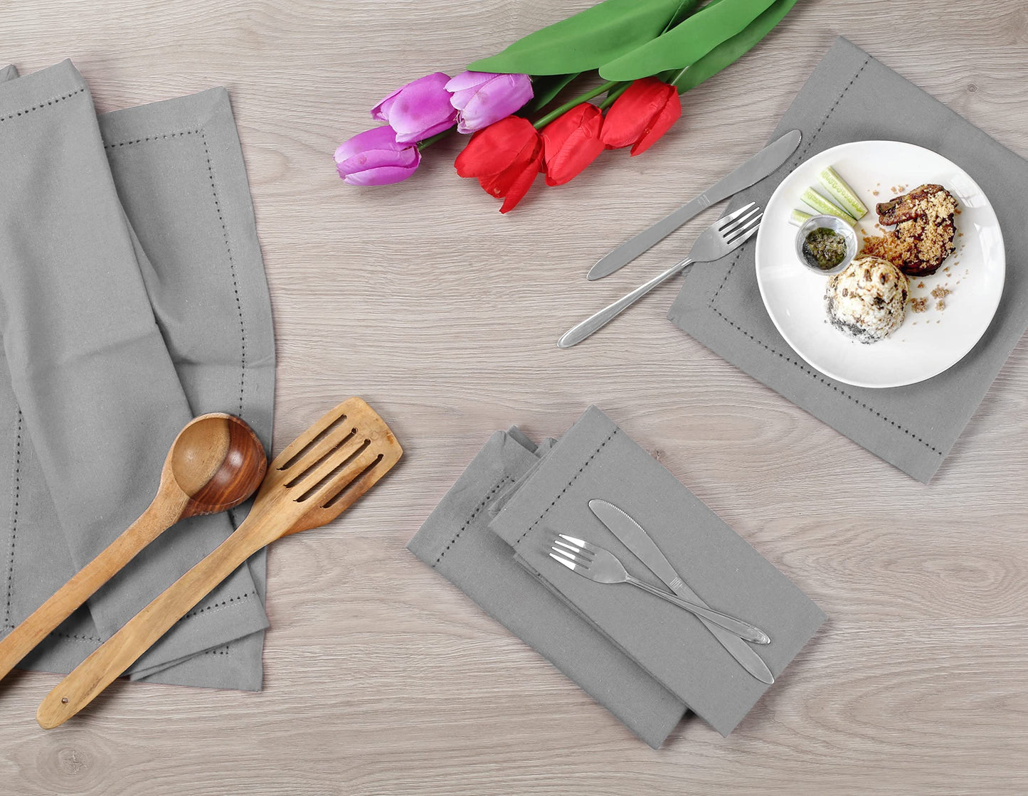 Cotton Cloth Dinner Napkin Set of 12 - Hemstitched 18x18 Inch Decorative Soft Durable Washable Reusable Perfect for Dining Table Décor Farmhouse Easter Party Wedding & Everyday Use - Ash Grey