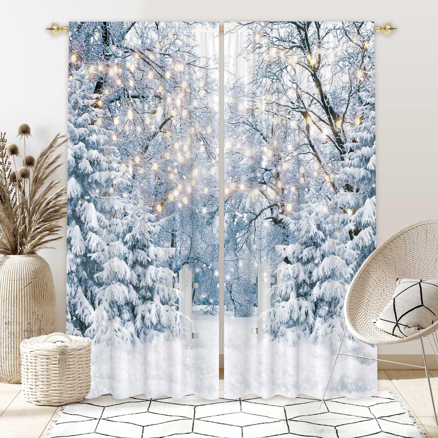 Felortte 82" Wx 84" L Winter Scene Window Curtain Blue Wonderland Snowflake Forest Landscape for Christmas Home Bedroom Living Room Decor Decorations with Fabric Machine Washable