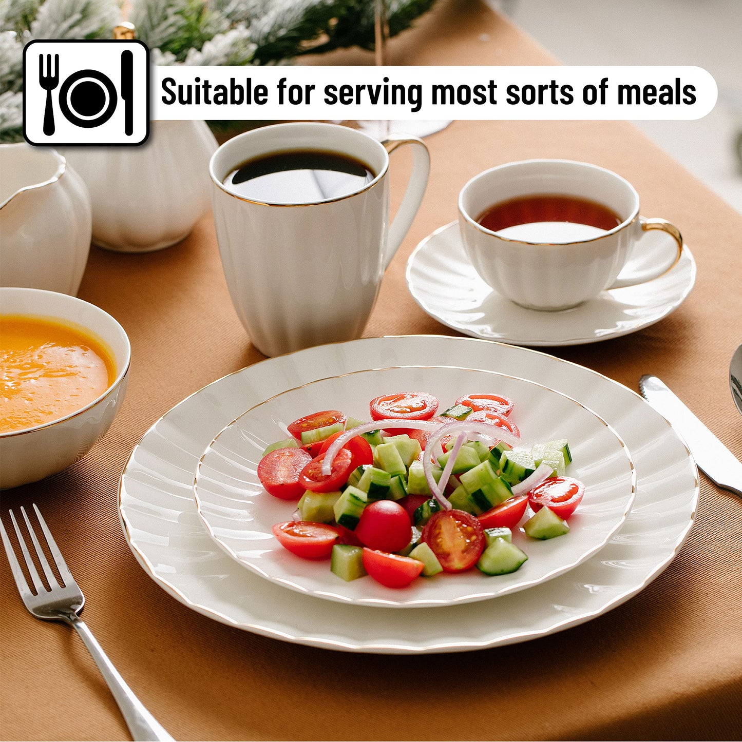 BTaT- Porcelain Dinner Plates with Gold Trim,10.5 inch, Set of 6, White Dinner Plates Bulk, White Plate Set