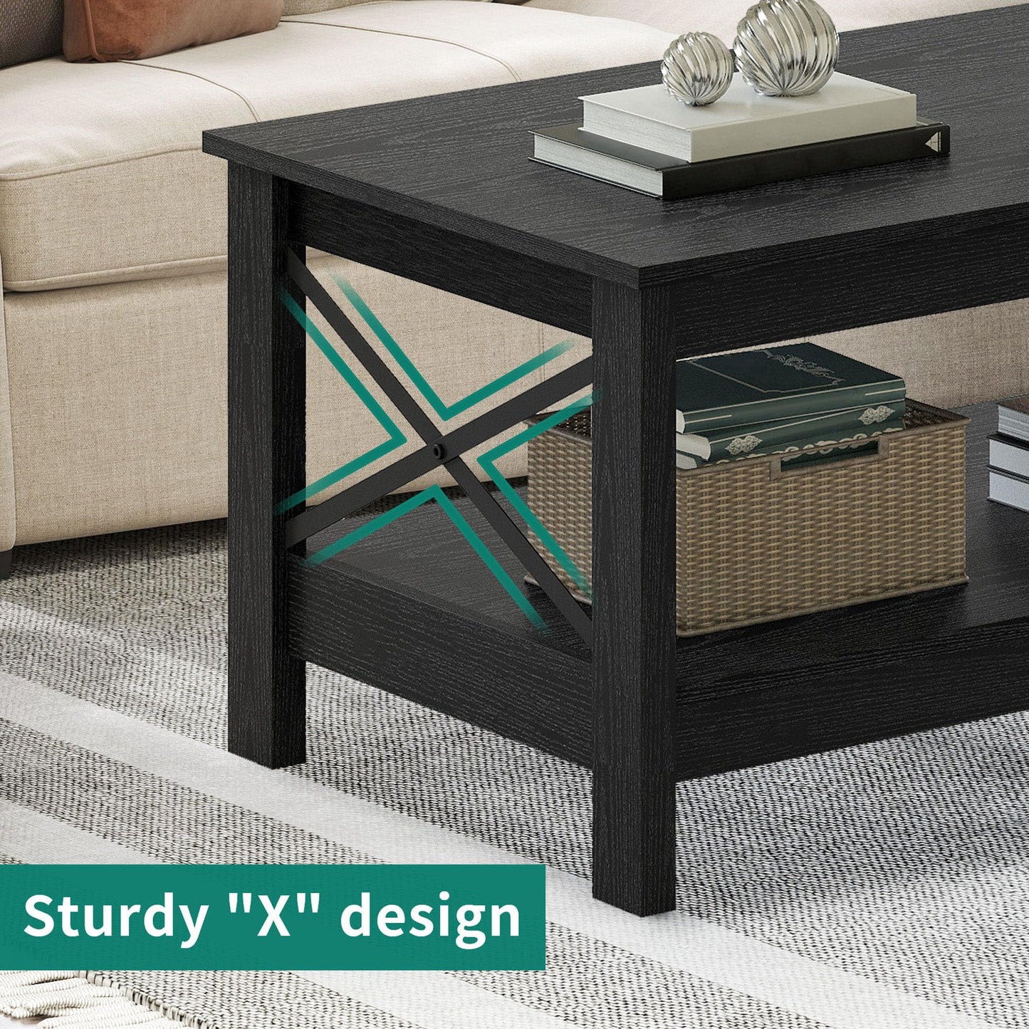 YITAHOME Coffee Table for Living Room, Modern Farmhouse Coffee Table with Storage, 2-Tier Center Table Wood Living Room Table Accent Cocktail with Sturdy Frame, Black