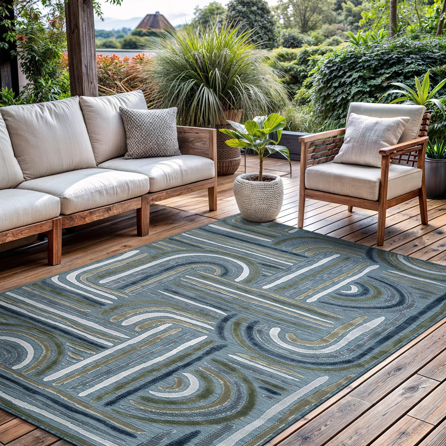 CAMILSON Indoor Outdoor Rug, Aqua 8x10 Geometric Arch Striped Area Rugs for Patio and Home Areas, Easy-Cleaning Non-Shedding Living Room, Garden and Deck Washable Outside Carpet (8 x 10)