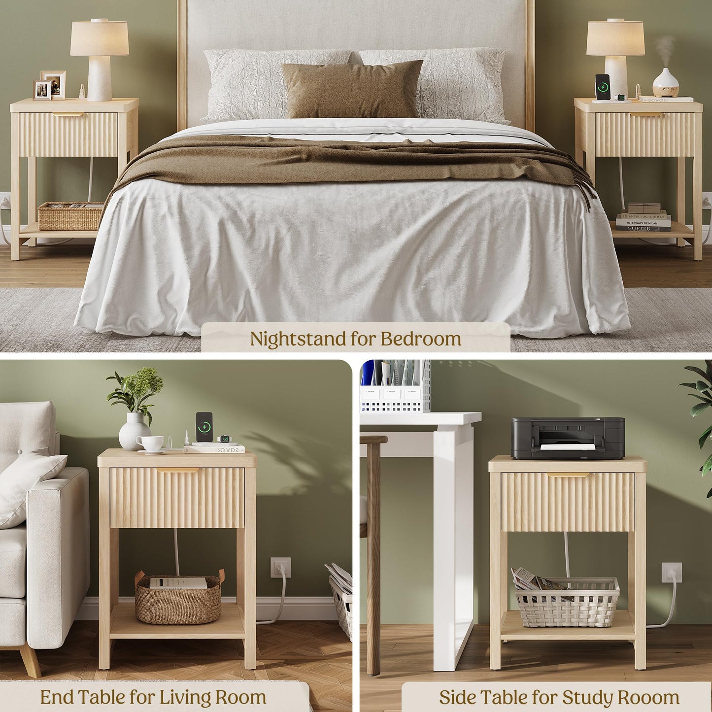Lulive Night Stand Set 2, Fluted Nightstand with Charging Station, Wood Modern Bedside End Table with Storage Drawer for Bedroom, Save Space (Set of 2, Natural Oak)