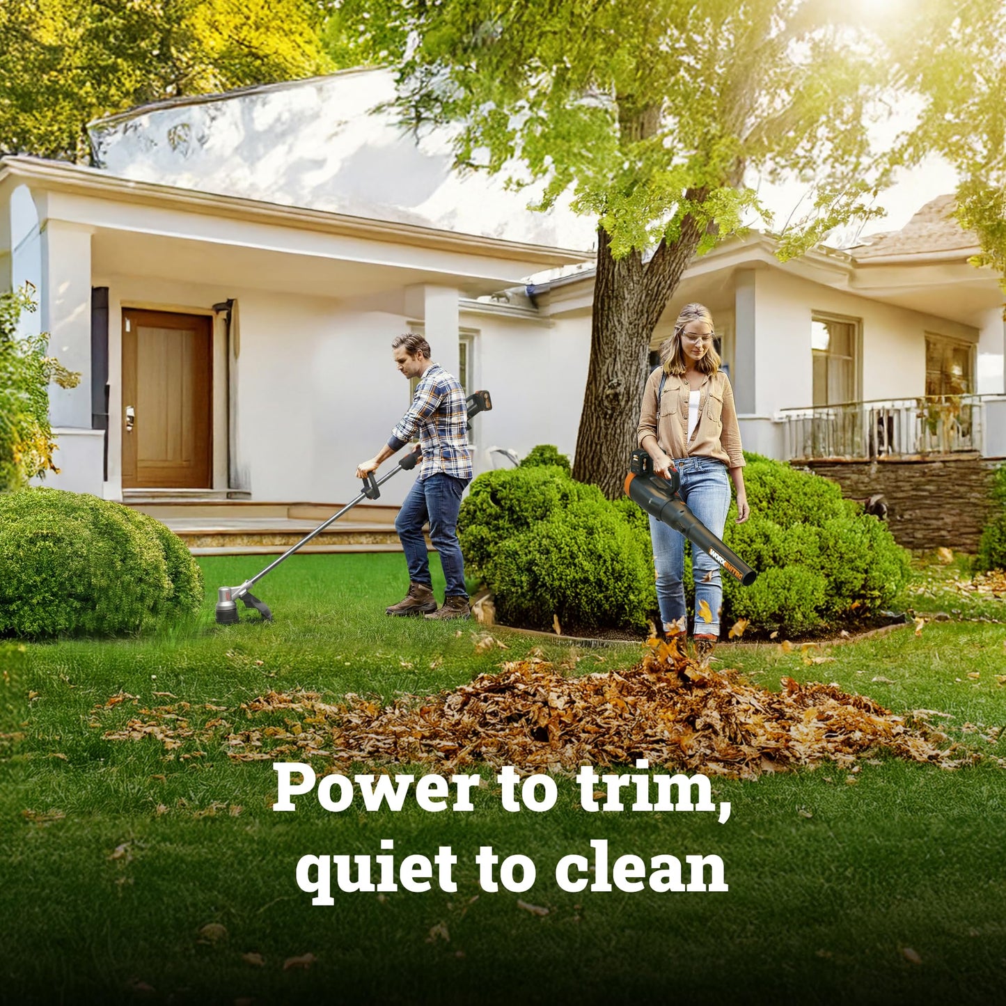 WORX Cordless String Trimmer & Leaf Blower Combo, 15'' 40V Weed Eater with Carbon Fiber Shaft, 530 CFM 40V Quiet Electric Blower with 57 dB, 2 × 4.0 Ah Batteries & Charger Included, WP925