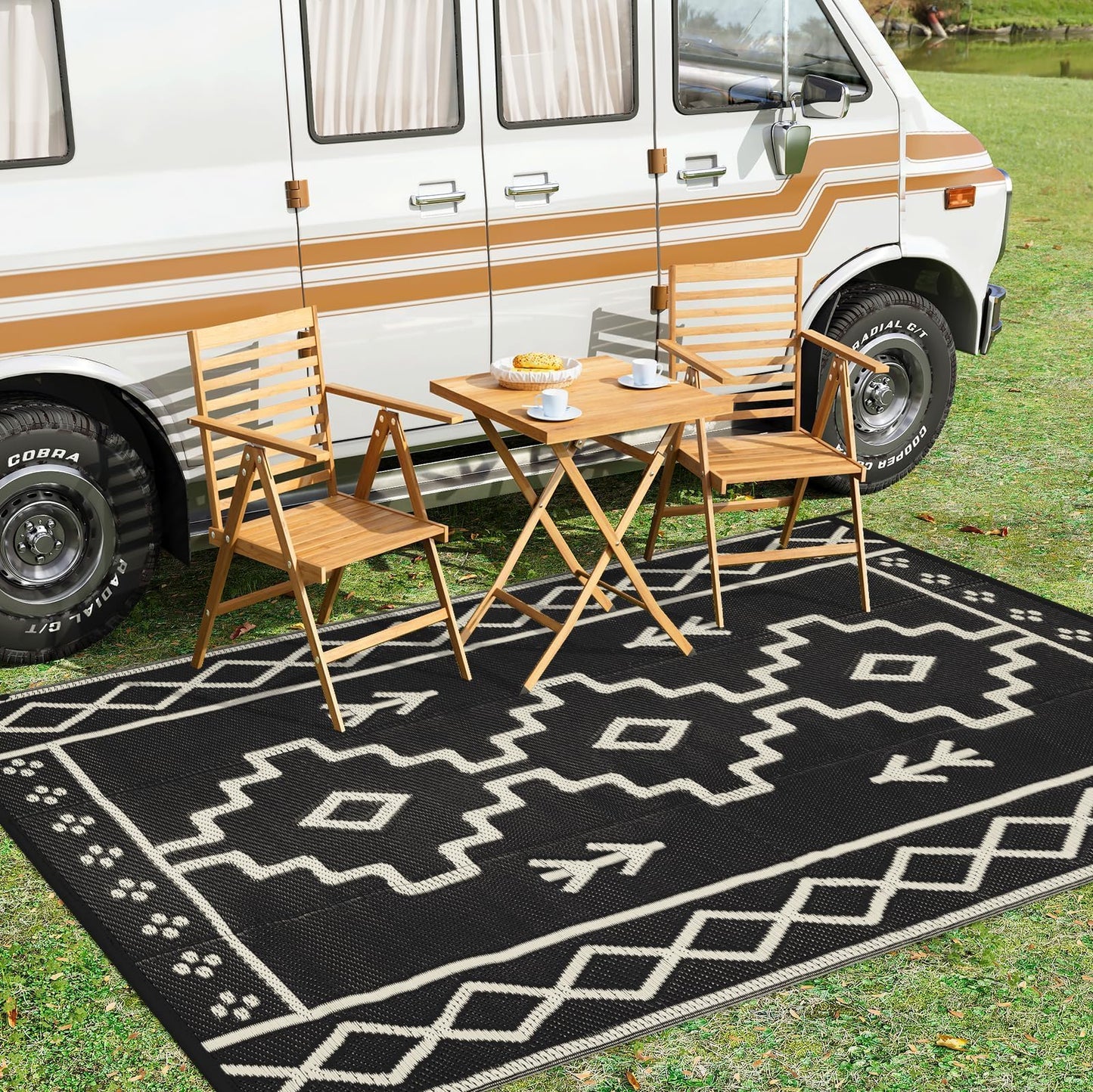 Uphome Outdoor Plastic Straw Rug, 6x9 ft, Reversible Waterproof, Black Boho Patio Rug, RV Camping Rug for Outside, Indoor Outdoor Area Rug for Backyard Deck Balcony Picnic