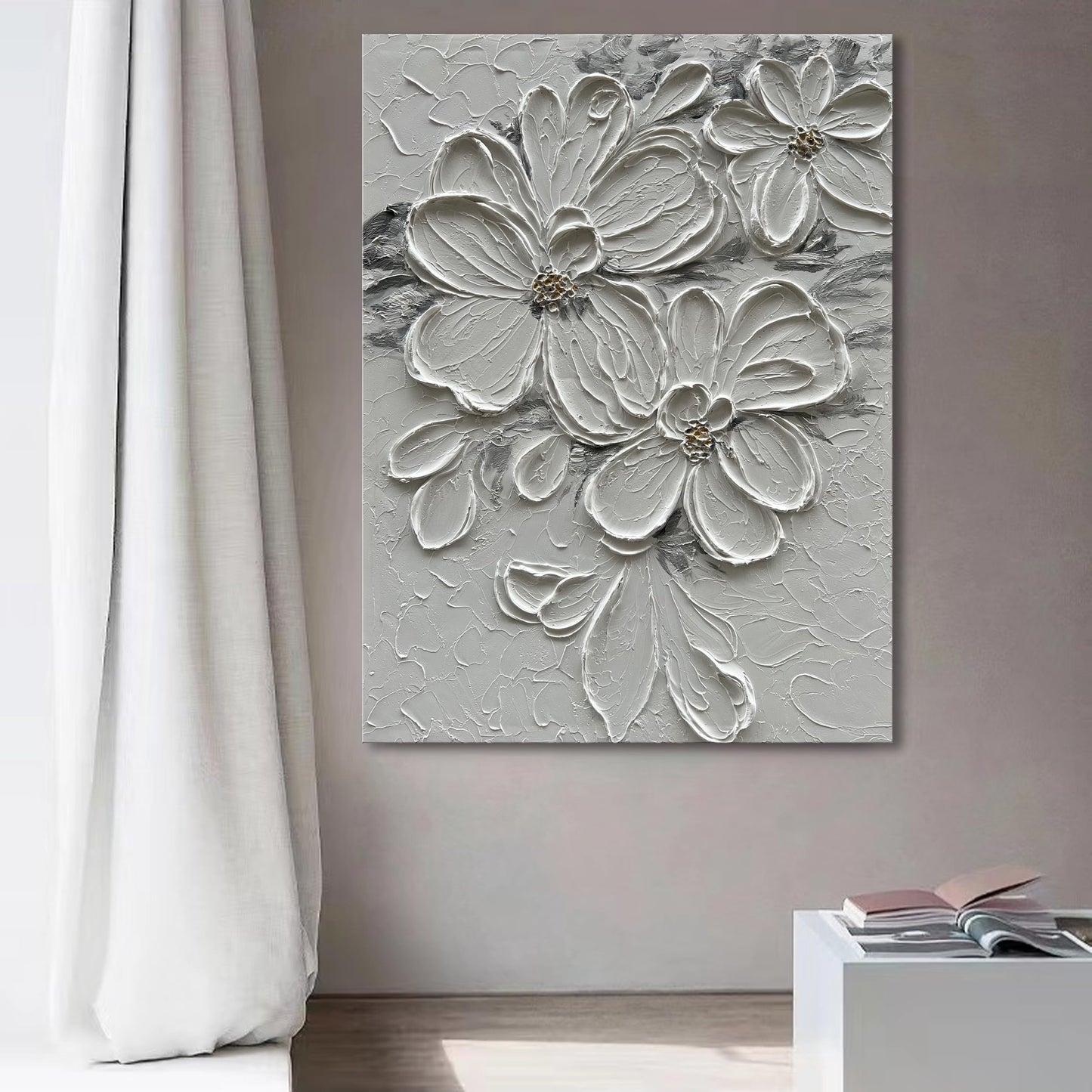 Diathou Hand-Painted White Flower Texture Art - 40x28 inches Modern Abstract Home Wall Decorative Art