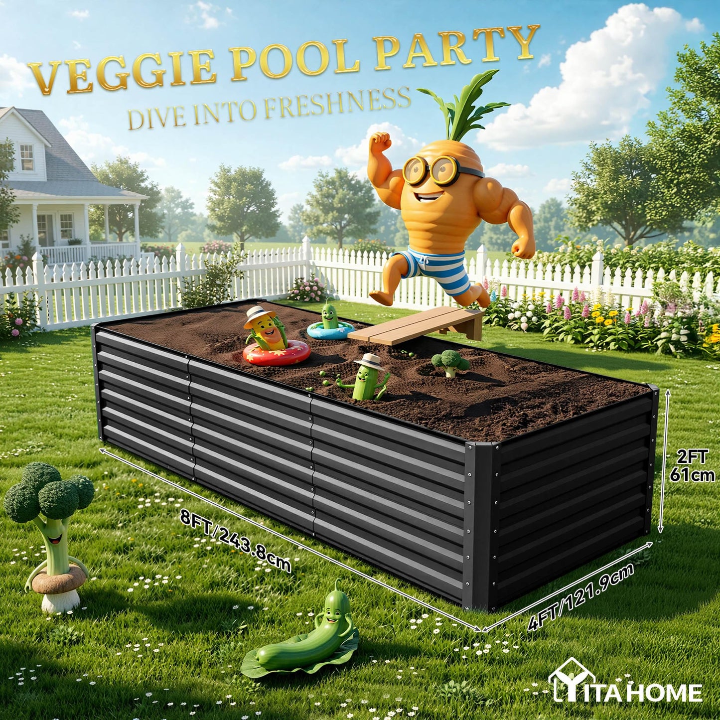 YITAHOME 96x48x24 in Galvanized Raised Garden Bed Kit, Large Metal Planter Box with Gloves, Safety Rubber & Support Rod, Outdoor Flower Bed for Plants Vegetables, Black