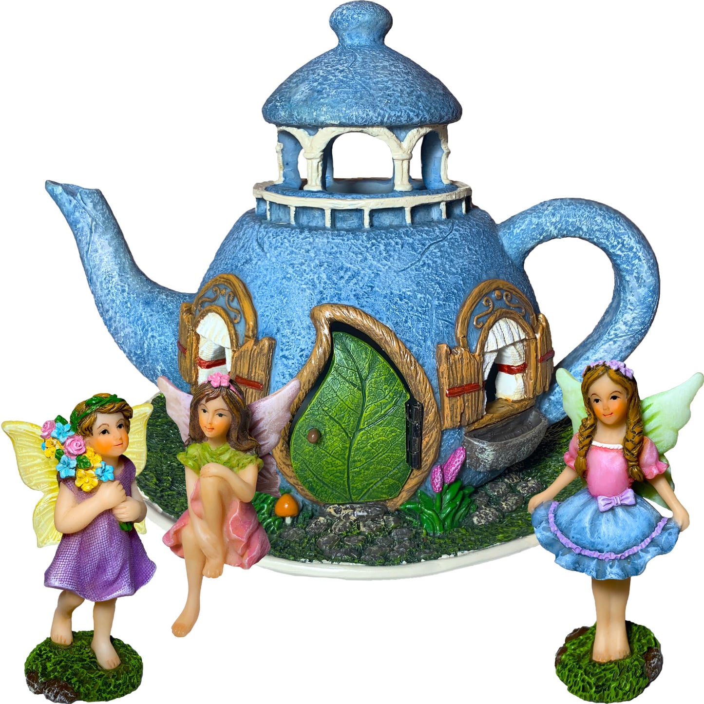 Mood Lab Fairy Garden Figurines - Teapot House Set (4 pcs) - 7.1" H Miniature Decorative House & Accessories - Outdoor & Indoor Garden Decor