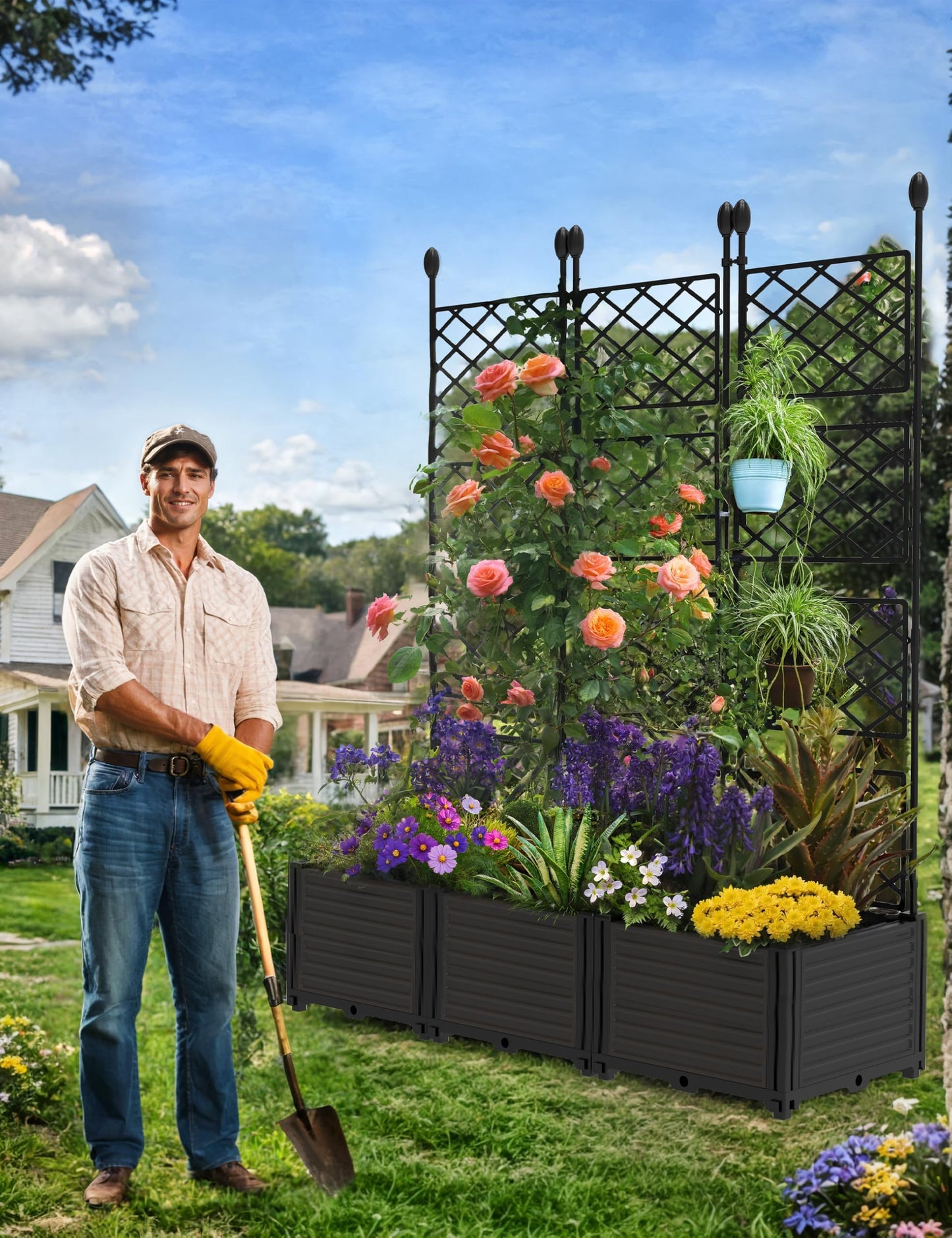 3 PCS Raised Garden Bed with Trellis & Privacy Screen, 50" w x 63" Tall Vertical Garden Planter Box for Climbing Plants - Sturdy Lightweight Outdoor Planter for Vegetables, Flowers on Patio, Balcony