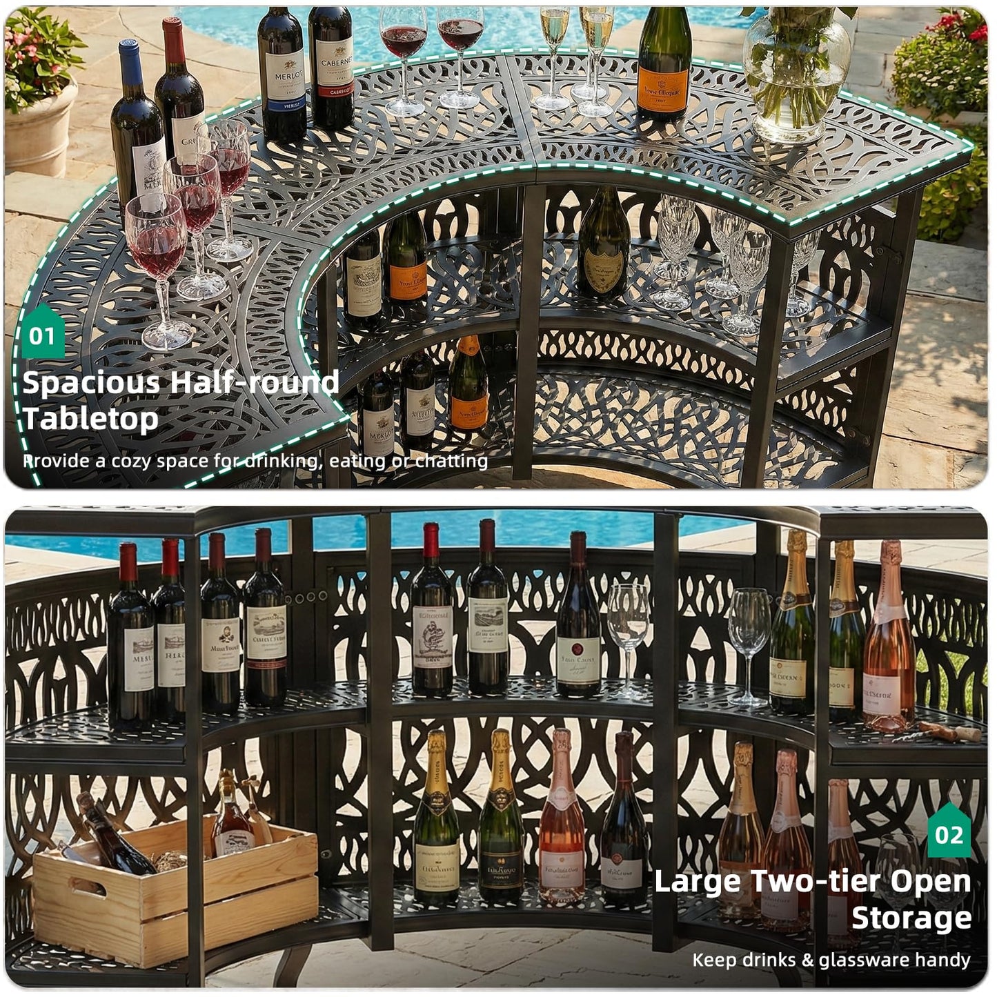 VIVIJASON 75" Large Outdoor Half Moon Bar Table, Heavy-Duty Cast Aluminum Patio Bar Unit with 2-Tier Storage Shelves, All-Weather Garden & Poolside Entertainment Station, Dark Bronze