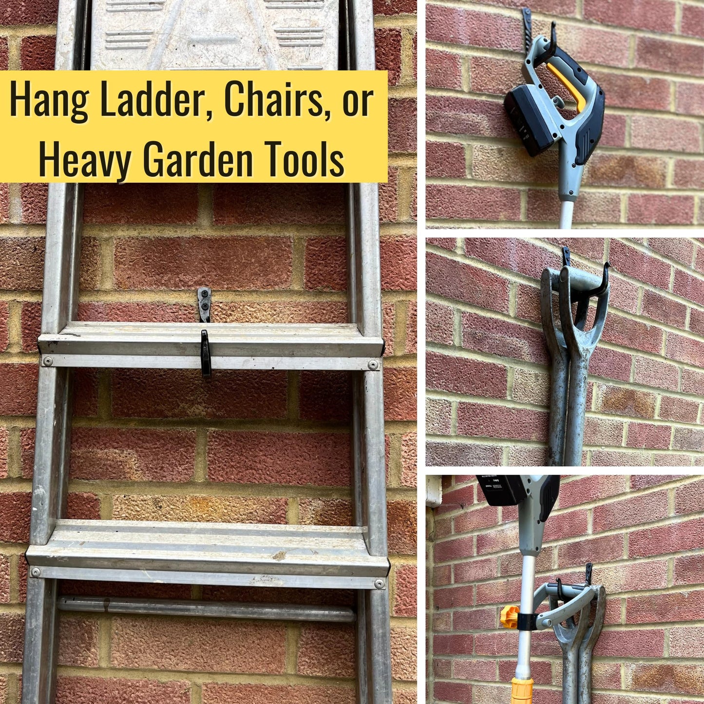Unique Hand Crafted Pair of 2 Wall Hooks. Real Heavy Duty 50kgs Tested Wall Hooks for Garage, Garden Wheel Barrow, Heavy ladders, Bicycles